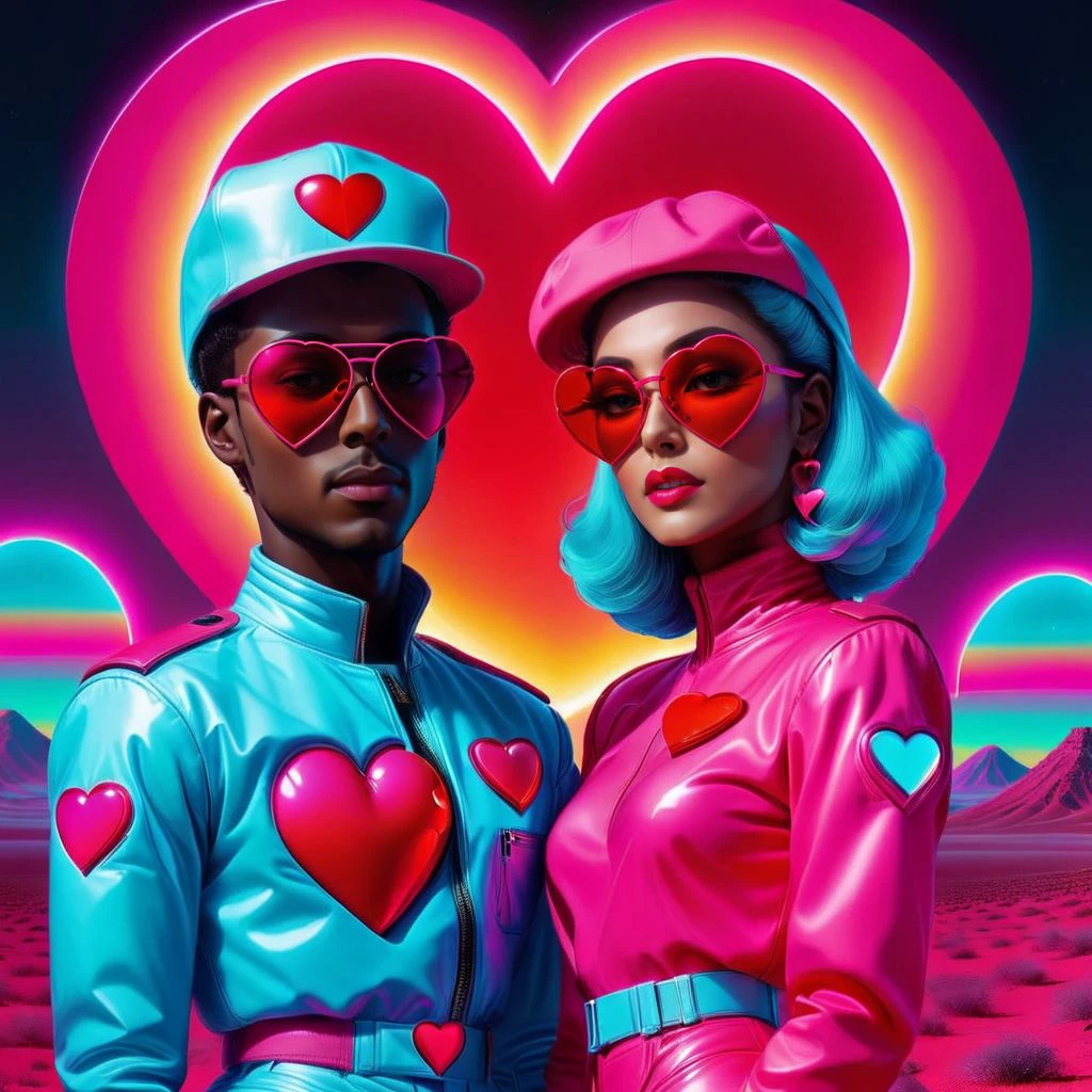 <lora:NeonHeartv4:0.8> Neon Heart,  husband and wife, futuristic expensive attire, wearing stunna shades with mirror tint.