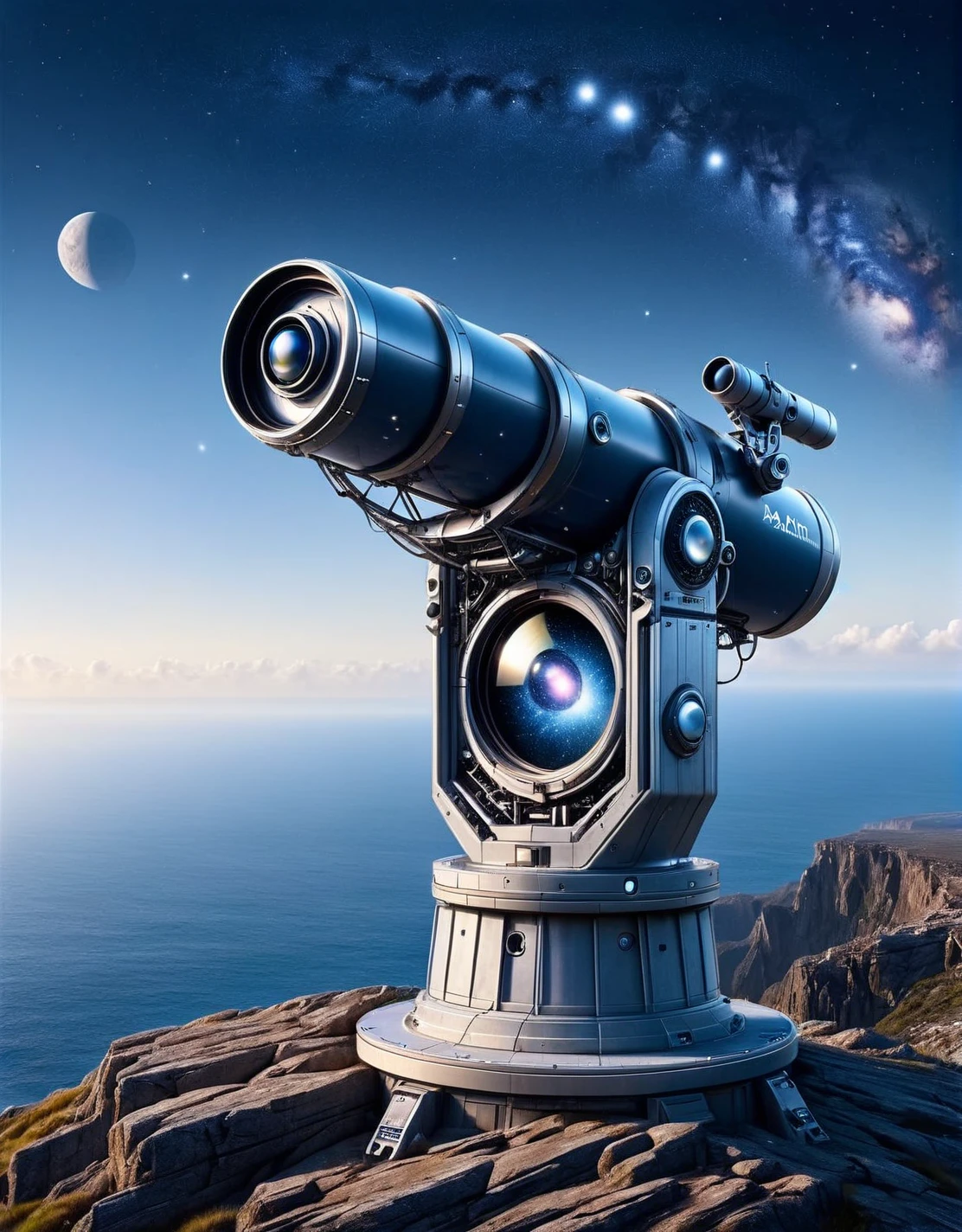 A ais-rbts telescope, peering into the vastness of space, on a rocky clifftop, seeking answers among the stars. <lora:ais-rbts-sdxl:1>, masterpiece, uhd, 4k