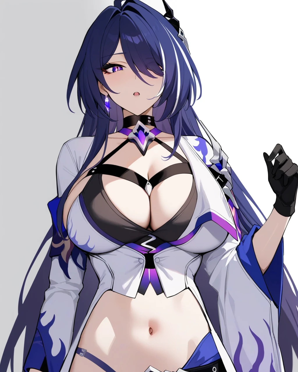 a woman in a uniform is posing naked and showing her big , , seductive anime girl, ecchi, oppai, ecchi anime style, anime best girl, oppai proportions, breasts covered and sfw, thicc, anime goddess, marin kitagawa fanart, (anime girl), anime girl, a hyperrealistic , female anime character