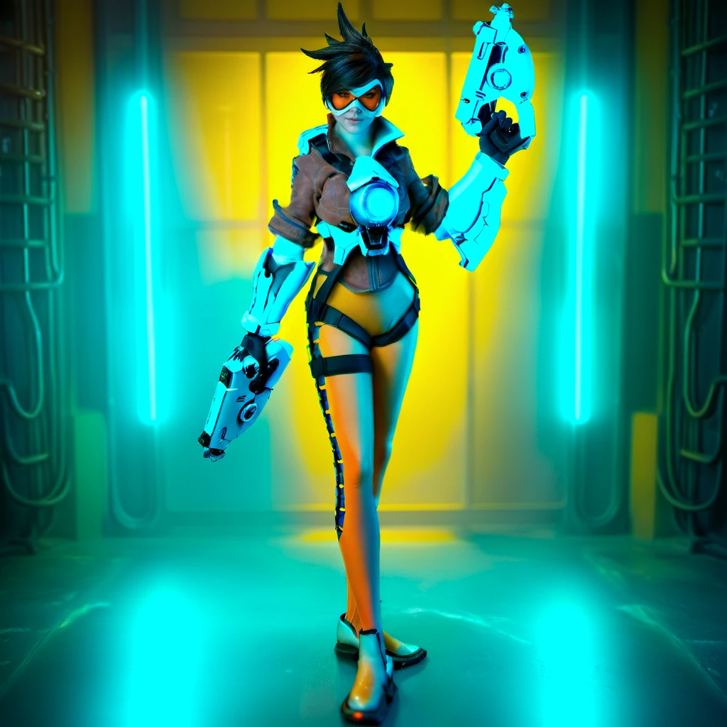 cinematic photo a woman with an orange glassmask holding guns in a futuristic cyberpunk background, neon lights <lora:Tracer1024:0.8> . 35mm photograph, film, bokeh, professional, 4k, highly detailed
