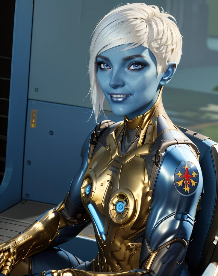 Ko-Rel,blue eyes,blue skin,white hair,short hair,
armor,shiny,gold trim,smile,teeth,
sitting,upper body,
science fiction,station,
(insanely detailed, masterpiece, best quality),<lora:Ko-Rel:0.8>,