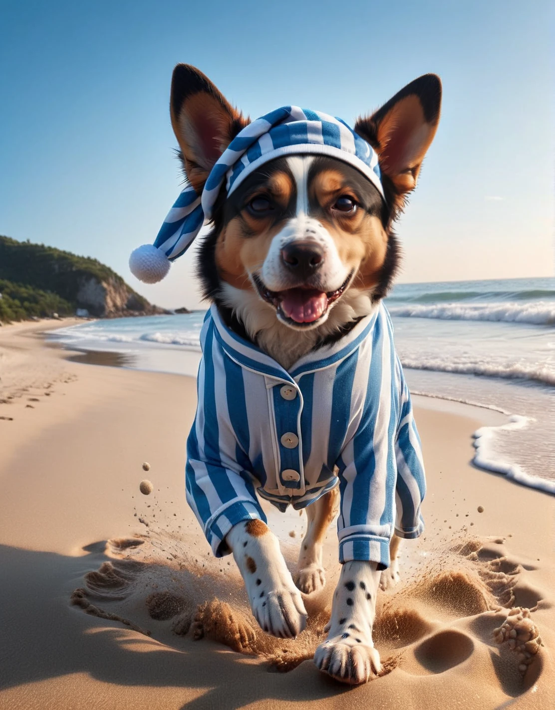 A ais-pyjms dog, excitedly running on a beach, leaving paw prints in the sand <lora:ais-pyjms-sdxl:1>, masterpiece, uhd, 4k