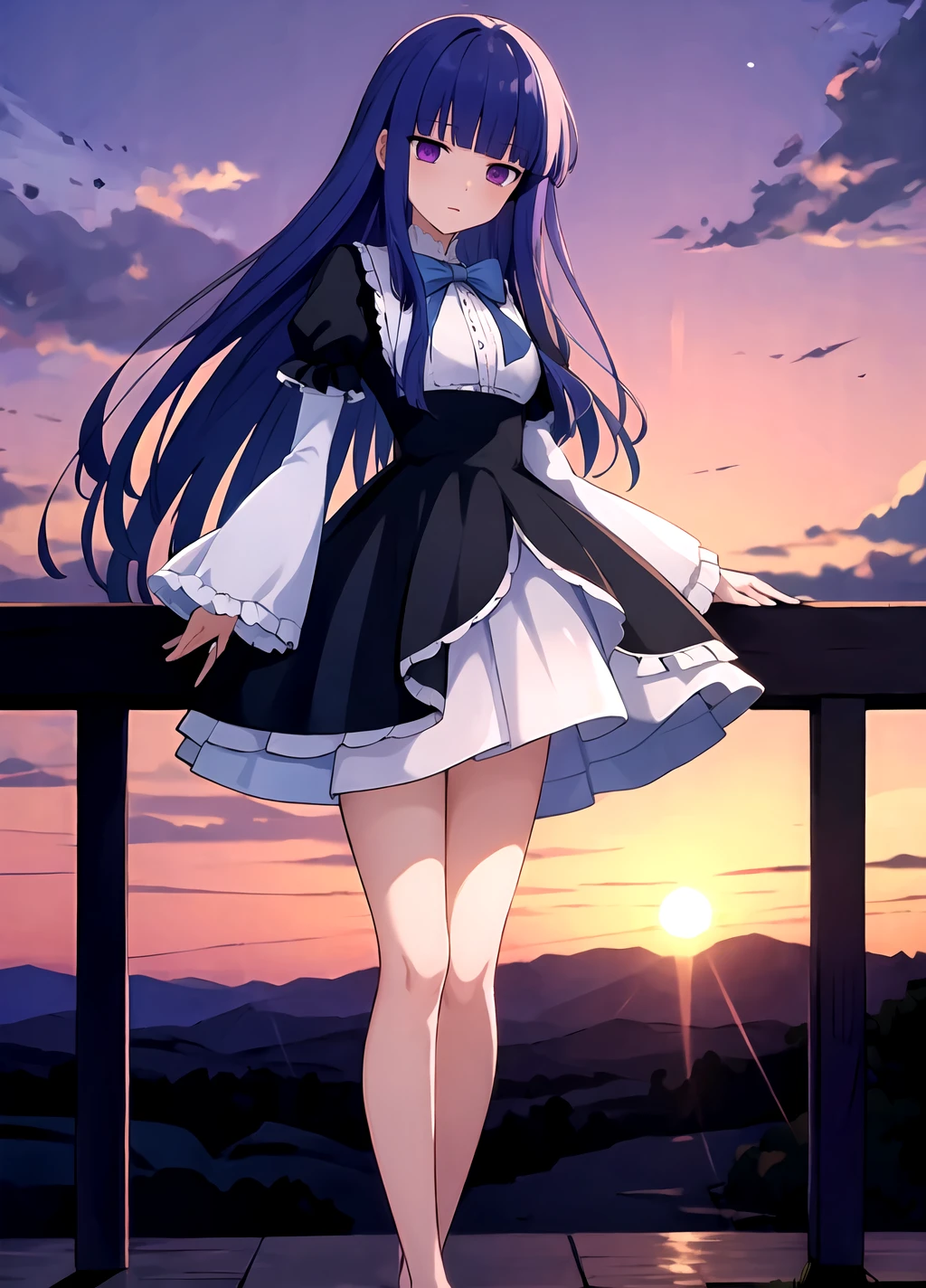 masterpiece, best quality, highres, background sunset, frederica bernkastel, long hair, (blue hair:1.2), outdoors, blunt bangs, purple eyes, bowtie, frills, black dress, puffy sleeves, short over long sleeves, long sleeves, legs, standing, <lora:Frederica Bernkastel anylora8ep40r50r80r-000006:0.7>,