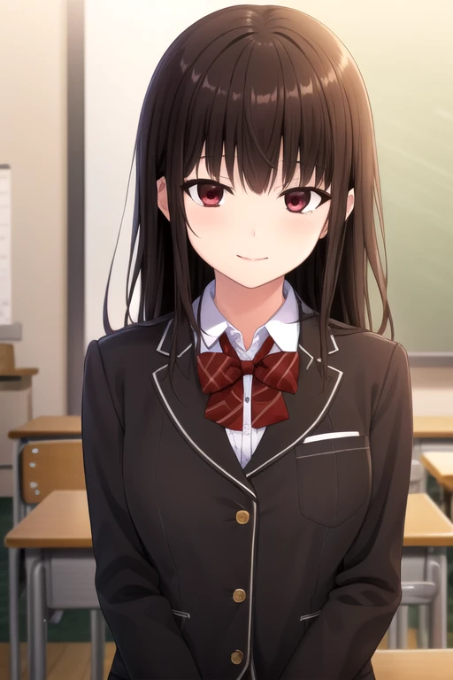 ((masterpiece)),(best quality),official art,extremely detailed CG,unity 8k wallpaper,ultra detailed,beautiful detailed eyes,extremely detailed face,classroom,1girl,solo,upper body,(portrait:1.5),looking at viewer,facing viewer,smile,very long hair,black hair,red eyes,sidelocks,bangs,school uniform,blazer,black jacket,wing collar,red bowtie,sweater,collared shirt,white shirt,button,long sleeves,large breasts,brown skirt,plaid skirt,black thighhighs,zettai ryouiki,loafers,<lora:Tono Mafuyu(nl)>,