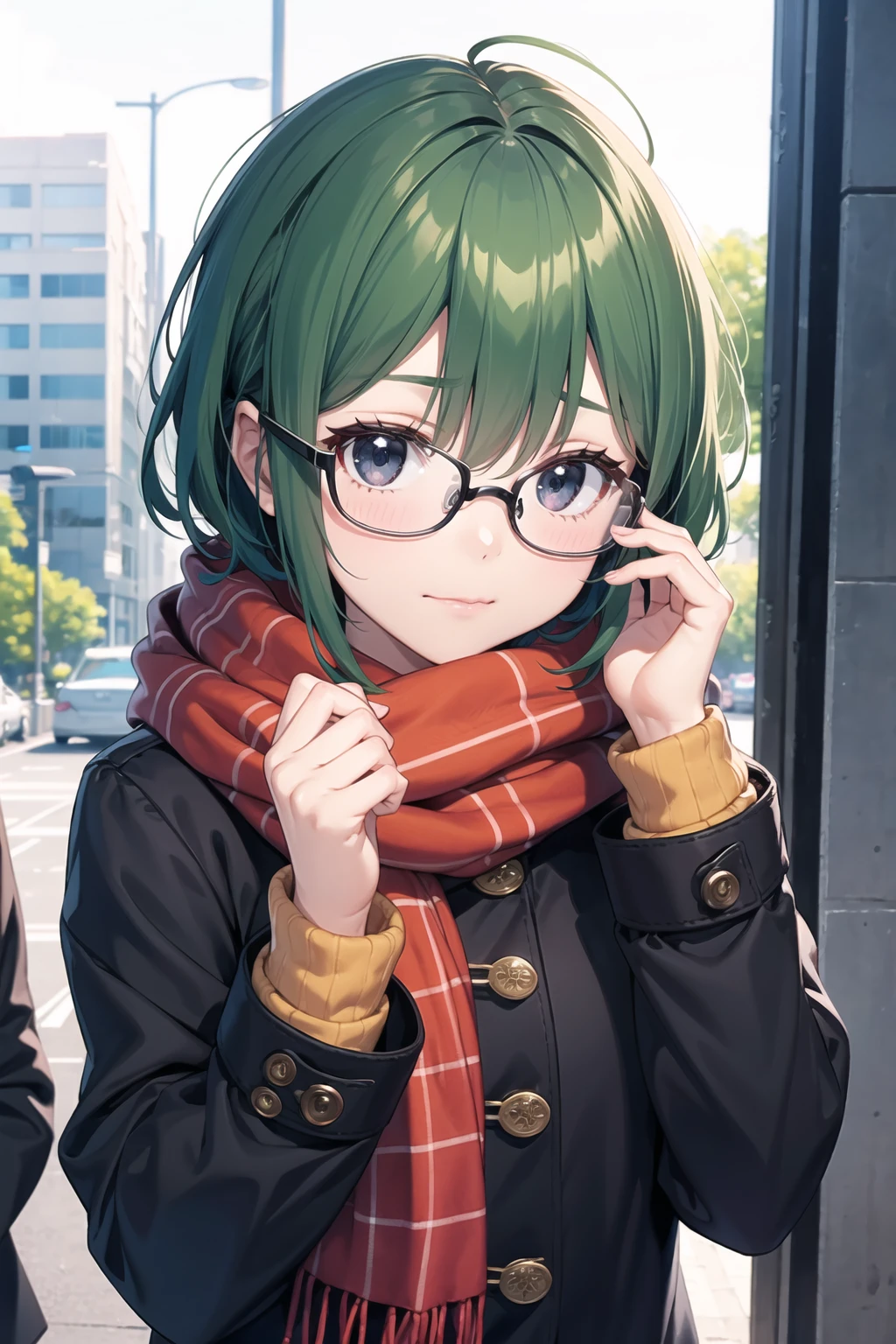 1girl, kawaii, glasses, looking at viewer, adjusting eyewear, short hair, black eyes, outdoors, green hair, closed mouth, scarf, sweater, long sleeves, upper body, solo focus