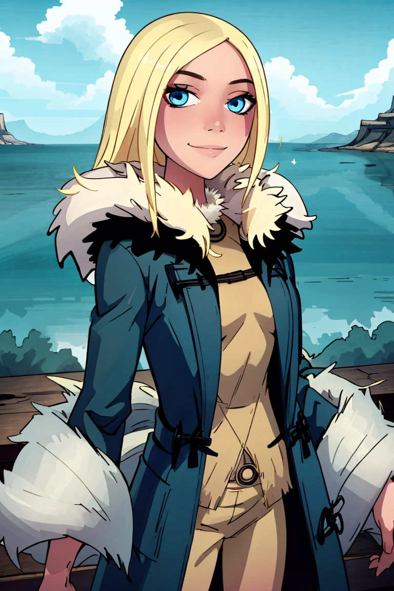 ((masterpiece,best quality)), absurdres, <lora:Terra:0.8>, Terra, 1girl, solo, long hair, blonde hair, blue eyes, smile, looking at viewer, cowboy shot, (fur coat:1.5), cowboy shot,