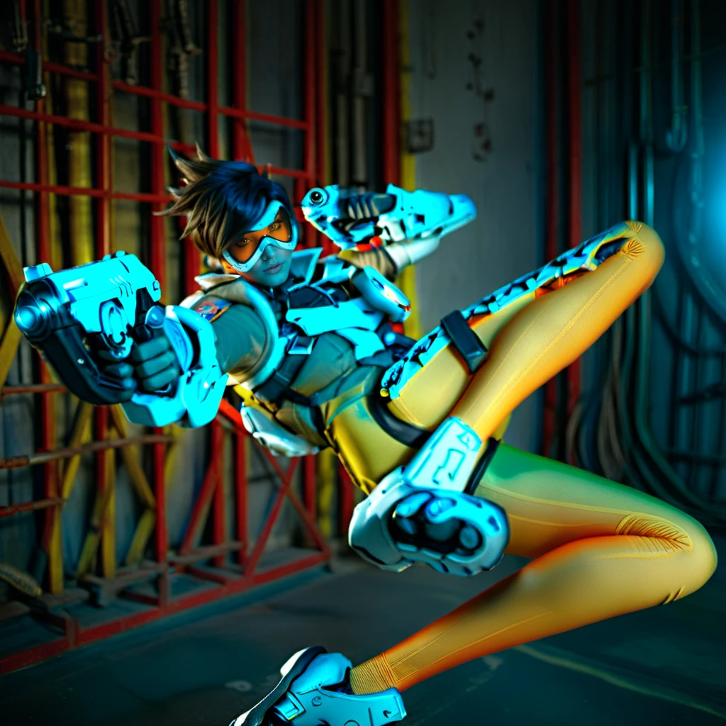 cinematic photo a woman with an orange glassmask holding guns in a futuristic cyberpunk background, neon lights <lora:Tracer1024:0.8> . 35mm photograph, film, bokeh, professional, 4k, highly detailed