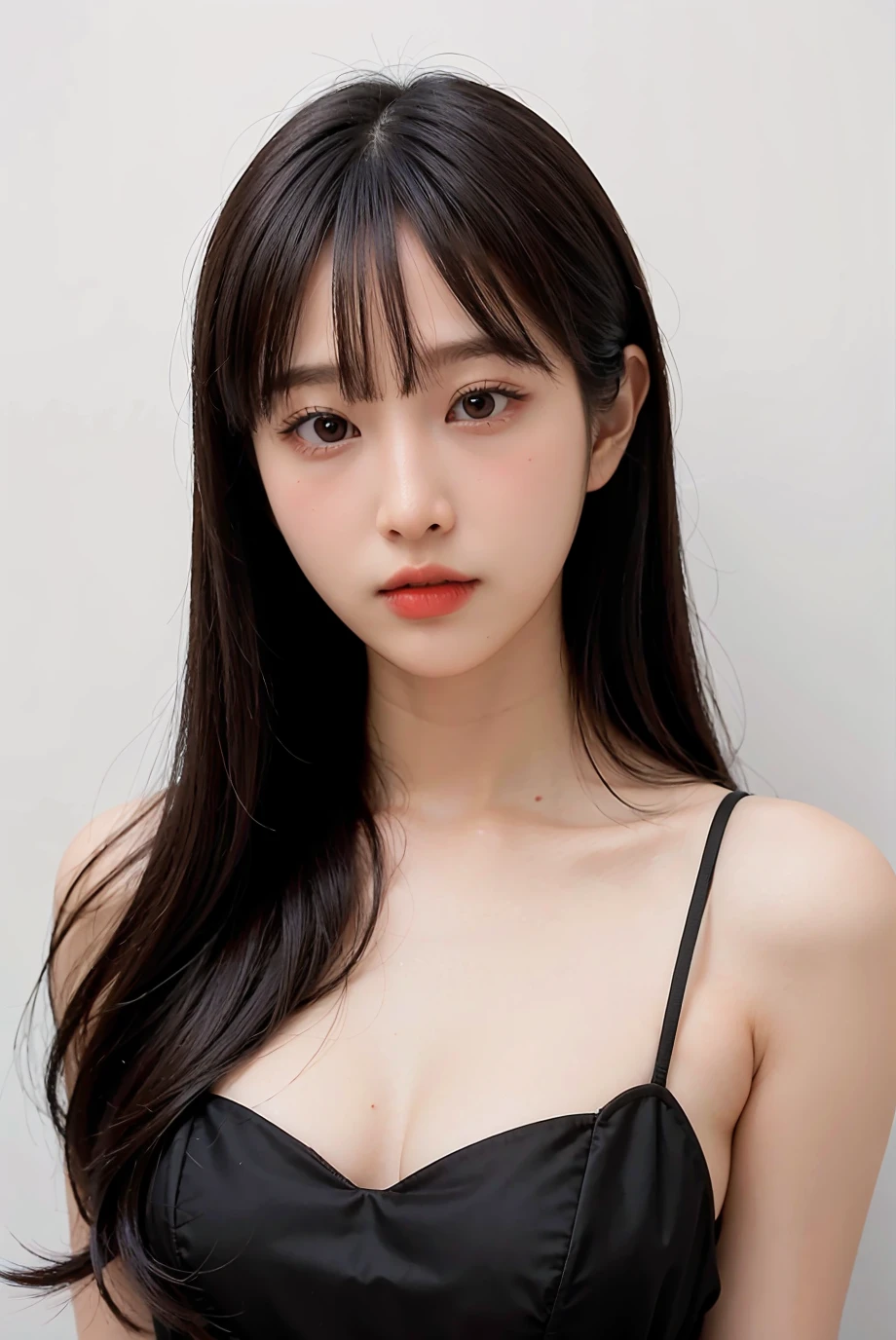 1girl, black formal attire, white background, <lora:Deerlong-04:1>