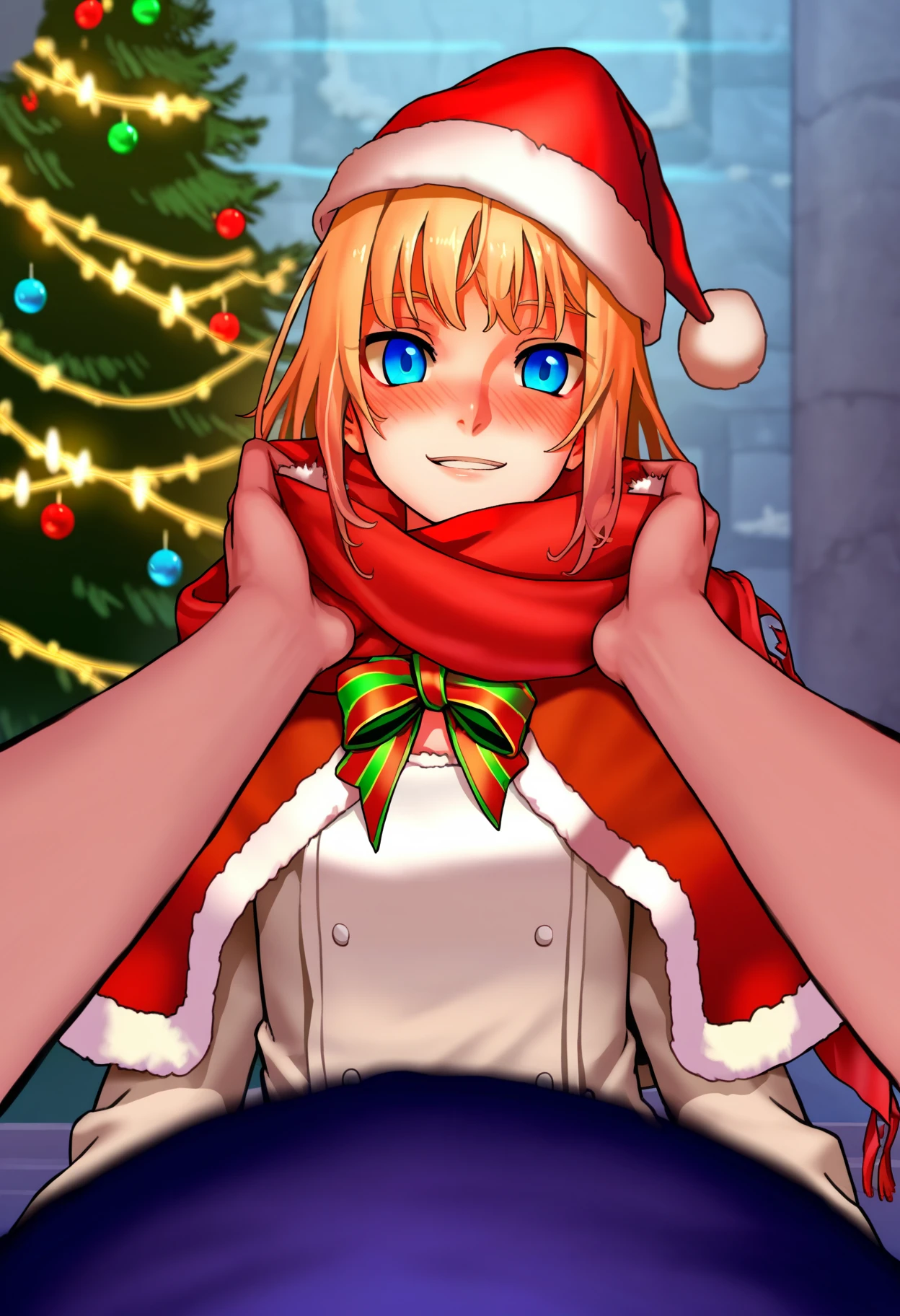 by as109, score_9, score_8_up, score_7_up, best quality, masterpiece, uncensored, source_anime
BREAK
alice (as109), 1girl, adjusting scarf, blue eyes, blush, capelet, christmas, fur trim, hat, looking at viewer, parted lips, pine tree, pov, santa hat, smiling, happy, scarf, solo focus, tree