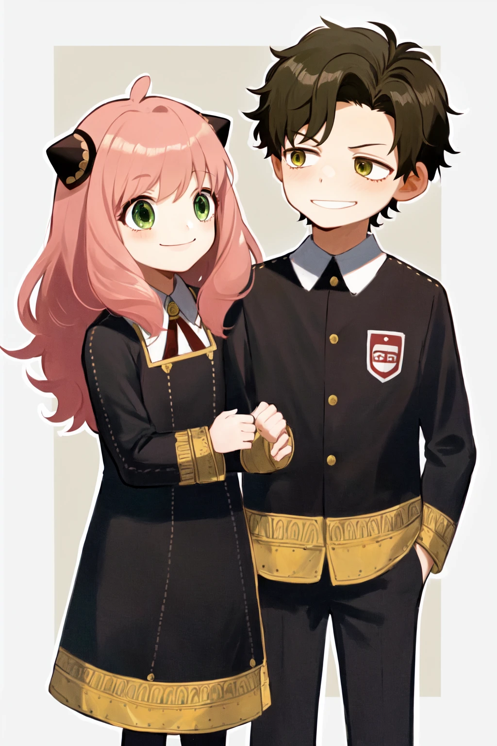 masterpiece, best quality, highres,
1girl anya,
1boy damian,
eden academy uniform,
aged down,
smile
<lora:damian_anya_d32:1>