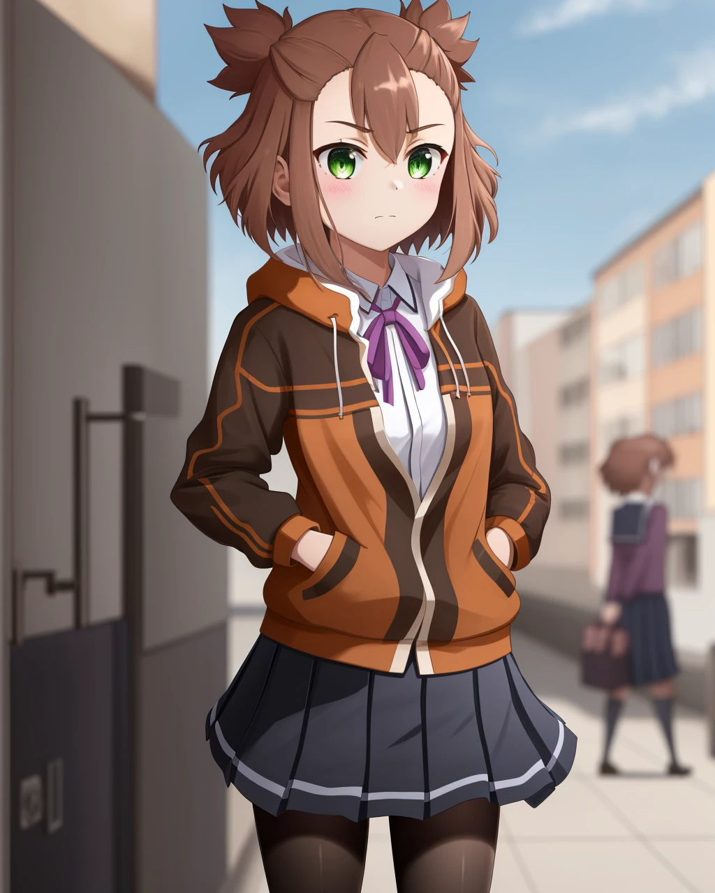 <lora:Doi_Tamako-10:0.8>,1girl, solo,short hair, skirt,brown hair, shirt,ribbon, school uniform,green eyes, jacket, pantyhose, pleated skirt, black pantyhose, purple ribbon,