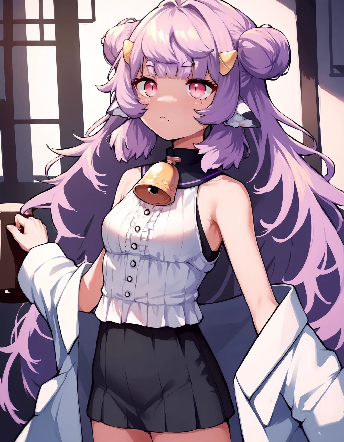 score_9, score_8_up, score_7_up, score_6_up, score_5_up, score_4_up, source_anime, BREAK , 1girl, muu muyu, cowboy shot, dutch angle, purple hair, bell, double bun, long hair, pink eyes, black skirt, <lora:muyu:1>