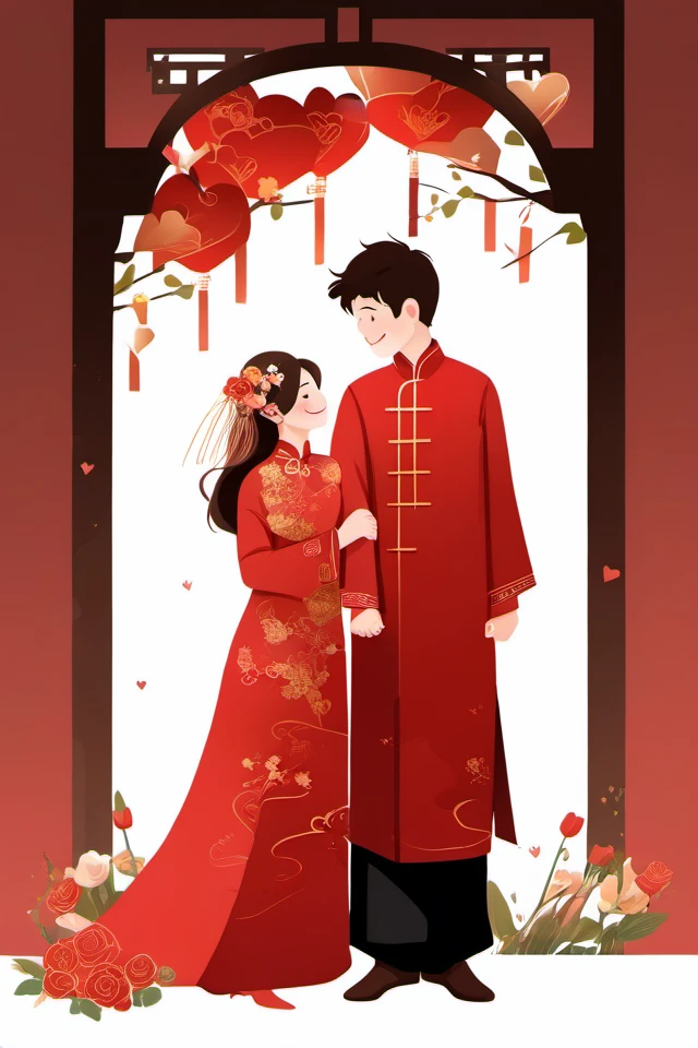 Valentine's Day,Flat painted style,1girl AND 1boy,smile,simple background,hair ornament,long sleeves,dress,holding,standing,flower,chinese clothes,red dress,couple,<lora:lbc_Valentine's Day_XL:0.8>,love,romantic,masterpiece,