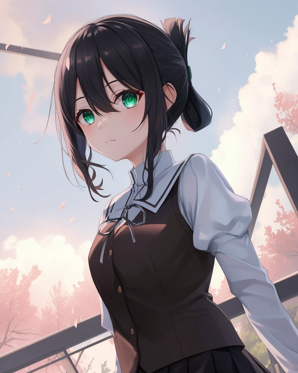 1 woman, black robe, radiant green eyes, white hair,anime, realistic,Black head covering,ultra detail