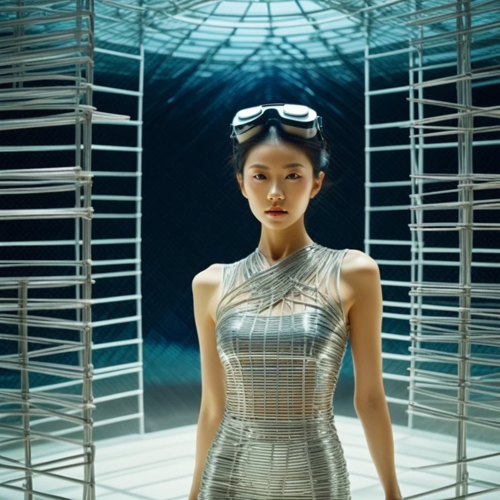 wire art, interior design,daytime setting,cloudy sky,Hall of mirrors,Futuristic facility with VR simulations,Advanced facility with nanotech healing,dramatic makeup sexy asian young woman,film grain texture,analog photography aesthetic,visual storytelling,<lora:éä¸èºæ¯:0.7>