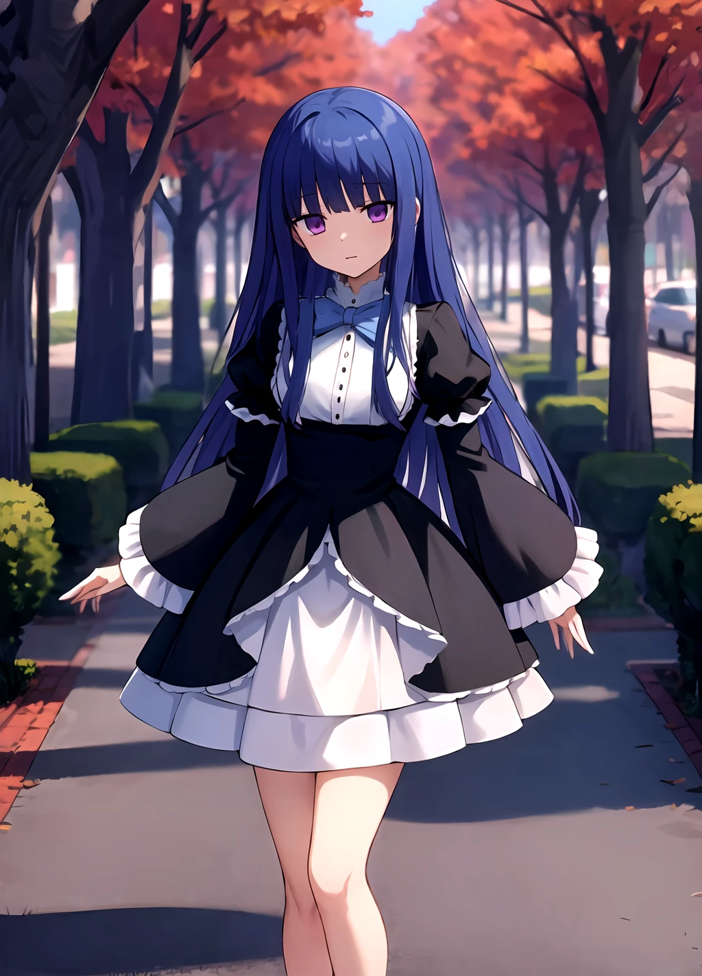 masterpiece, best quality, highres, park background, red trees,   frederica bernkastel, long hair, (blue hair:1.2), outdoors, blunt bangs, purple eyes, bowtie, frills, black dress, puffy sleeves, short over long sleeves, long sleeves, legs, standing, <lora:Frederica Bernkastel anylora8ep40r50r80r-000006:0.7>,