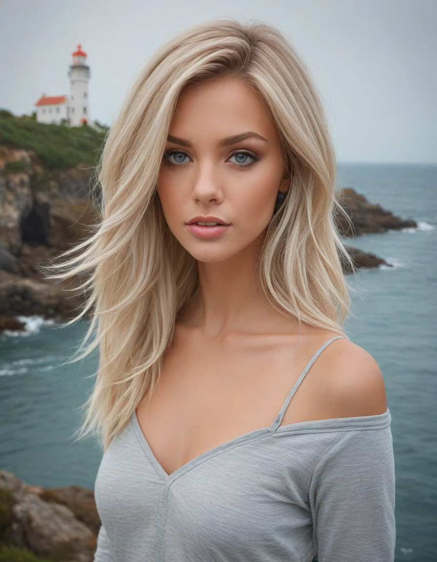 Adelajda from Poland, medium (chin-length:1.2) brushed-back [blonde:pastel:.2] hair, lighthouse, coastal beacon, ocean vistas, maritime <lora:dare_captivating_notrigger:1>