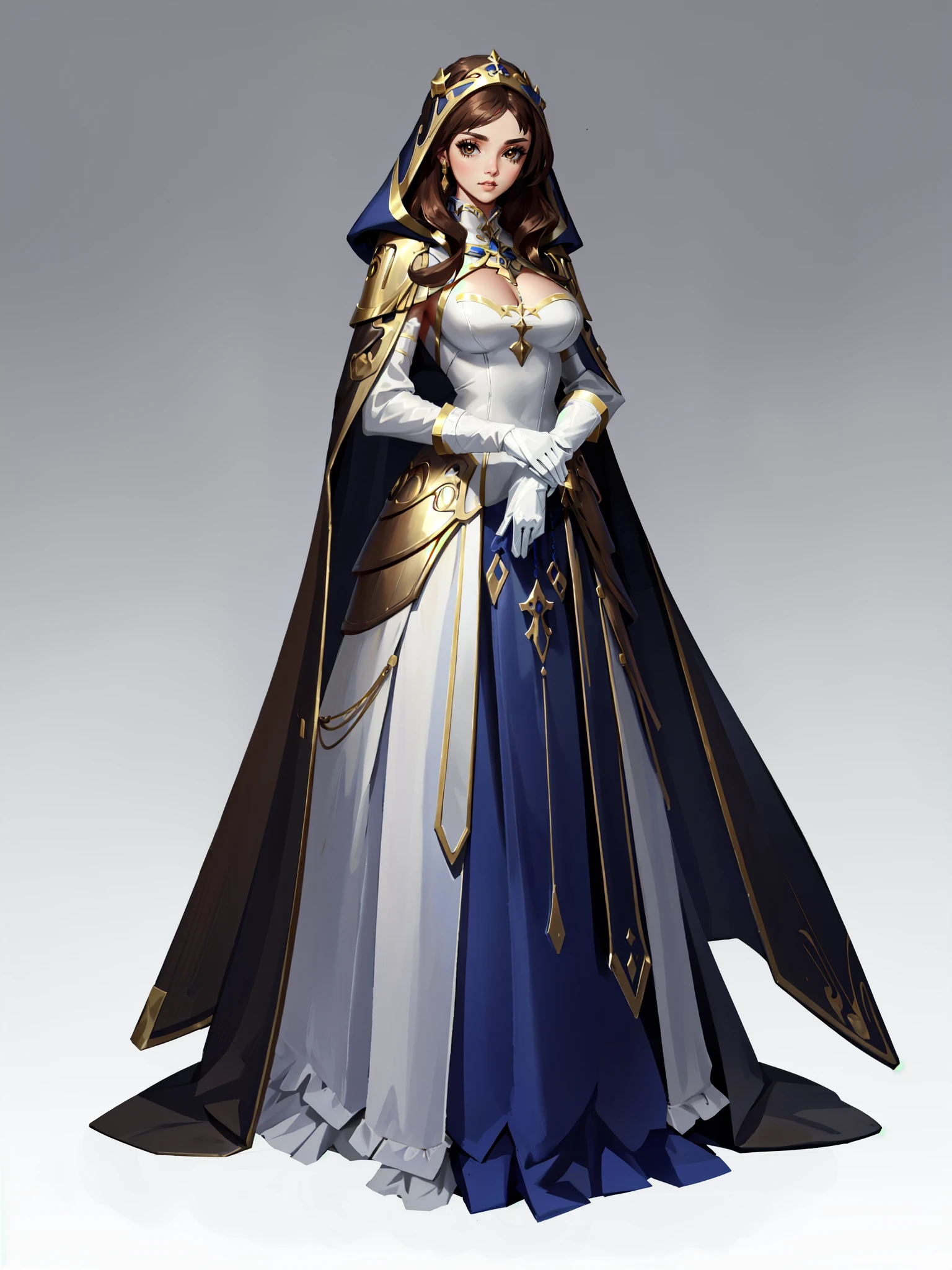 Concept artomei,1girl,solo,dress,gloves,white gloves,grey background,full body,holding,gradient,brown hair,gradient background,looking at viewer,standing,breasts,long dress,blue dress,hood,parted lips,white dress,medium breasts,gold trim,bangs,jewelry,long hair,long sleeves,black background,simple background,brown eyes,<lora:omei_20240217112445-000013:0.8>,