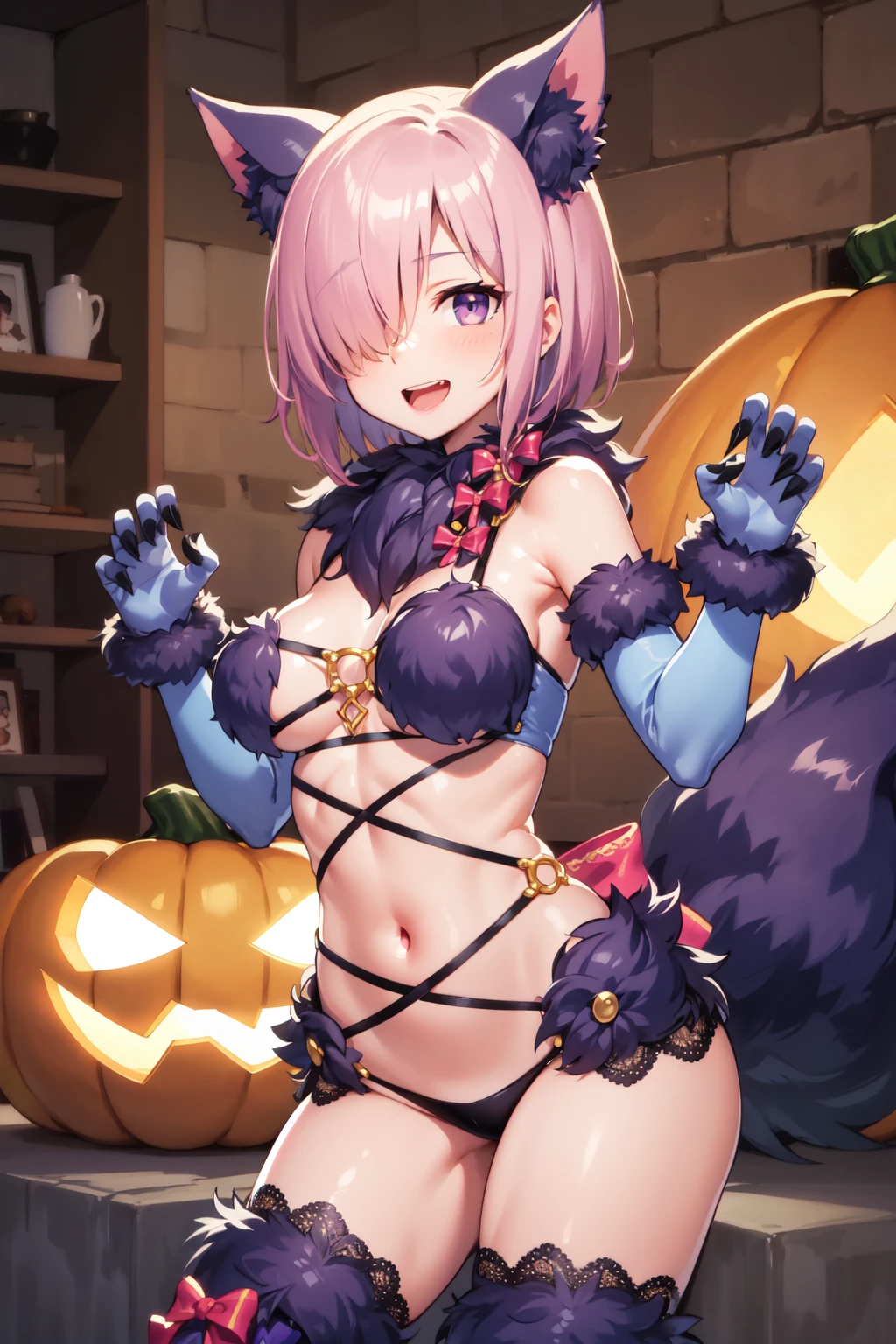 masterpiece, best quality, highres, mkbeast, hair over one eye, wolf ears, bare shoulders, o-ring top, fur trim, claws, purple gloves, navel, bow, purple tail, thighhighs, fur-trimmed legwear, smile, open mouth, cowboy shot, looking at viewer, halloween, pumpkin, claw pose<lora:MashKyrielightFGO-06:0.9>