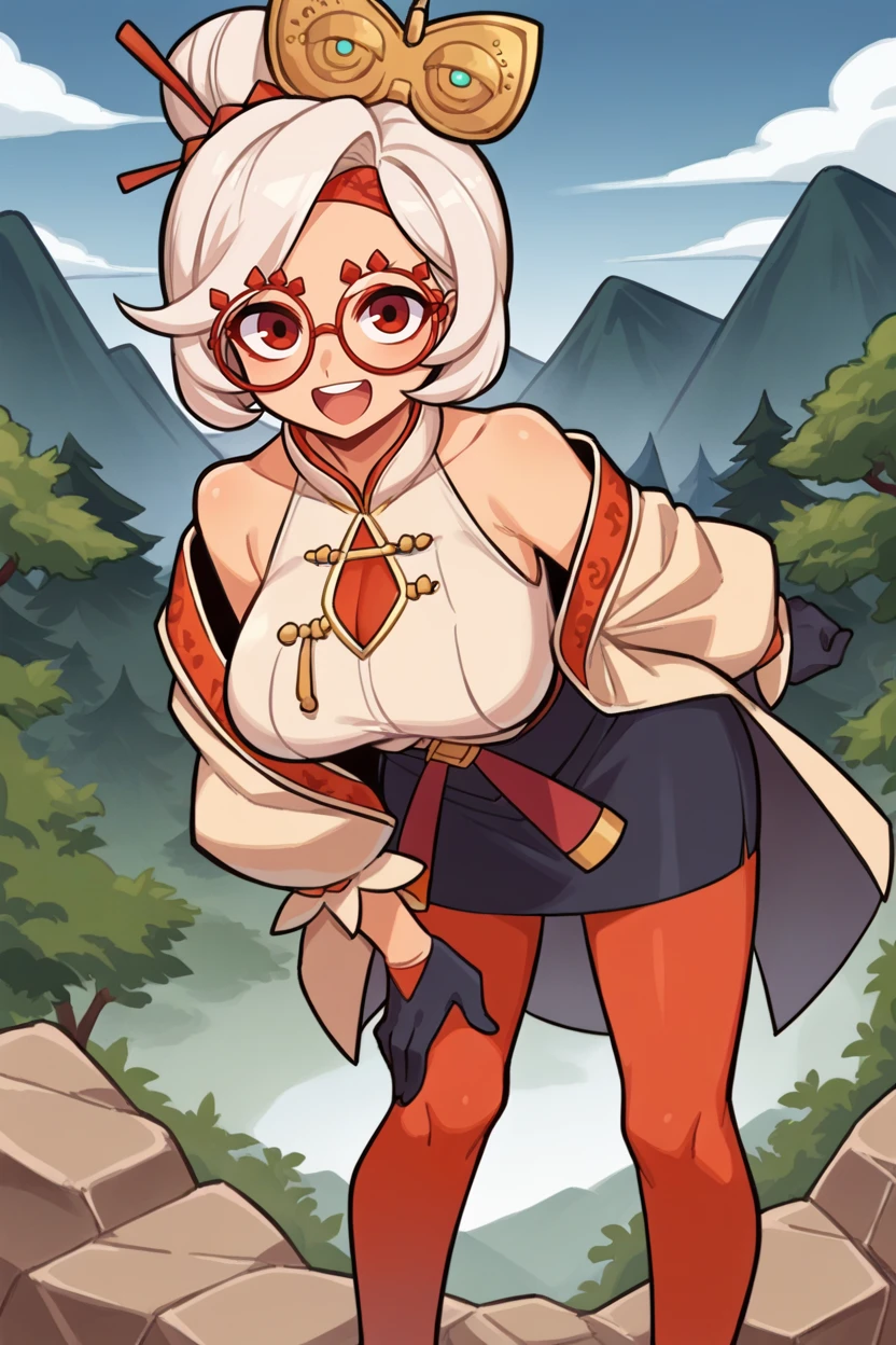 score_9, score_8_up, source_anime, 1girl, solo,  <lora:purah-pdxl-nvwls-v1-000005:1> purah, hair ornament, red headband, red glasses, sleeveless shirt, white coat, black skirt, red leggings, gloves, high heels, (large breasts:0.8), standing, v-shaped eyebrows, open mouth, smile, leaning forward, happy, forest, mountains, looking at viewer, hand on own legs