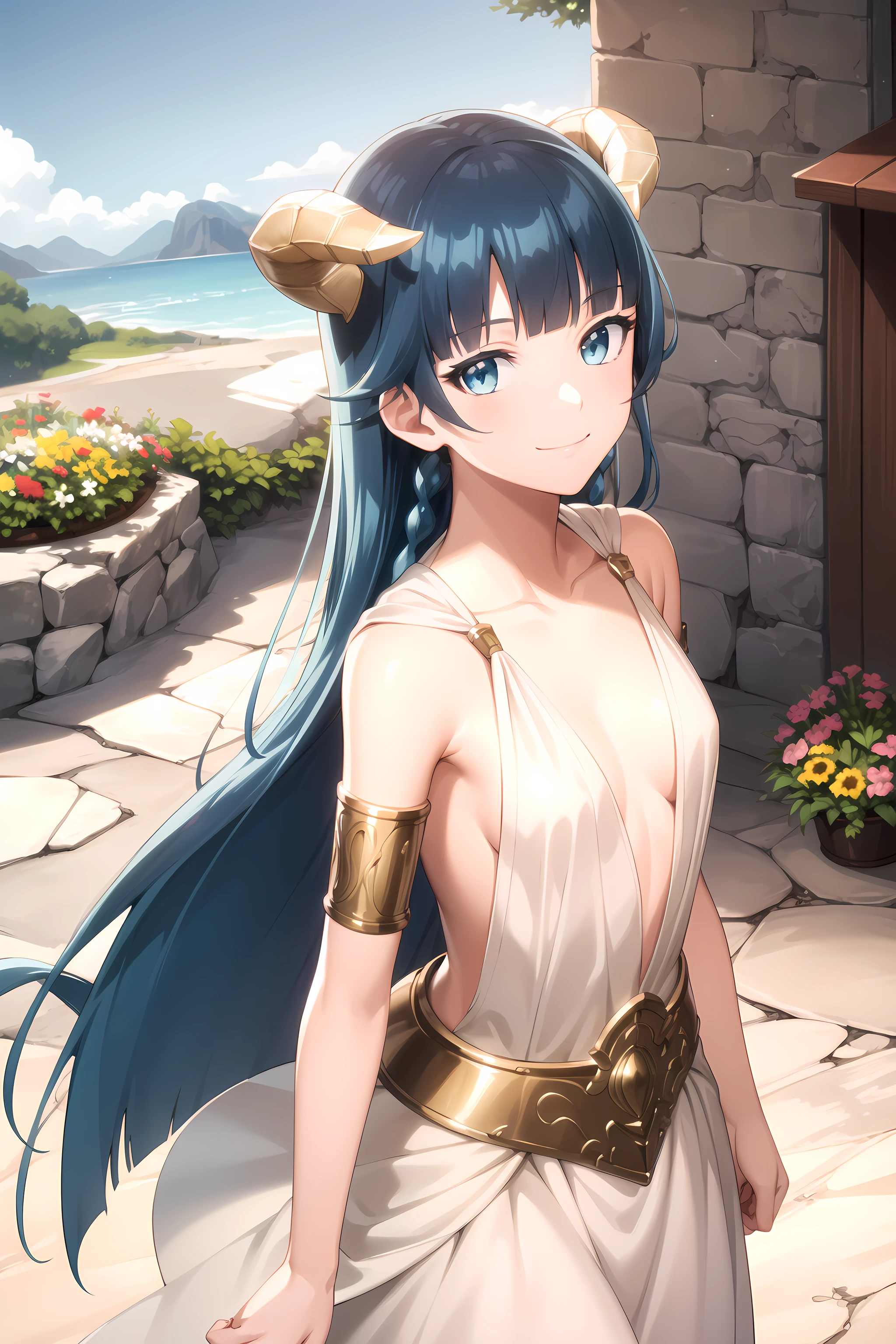 best quality, masterpiece, detailed,
<lora:KekkonYubiwaMonogatari_SaphirMaasa:0.8>, SaphirMaasa,
1girl, solo, closed mouth, light smile,
blue hair, long hair, blunt bangs, blue eyes, horns, hair ornament,
greek clothes, white dress, armlet, gold trim,
looking at viewer, facing viewer,
(flowers:1.2),s cenery