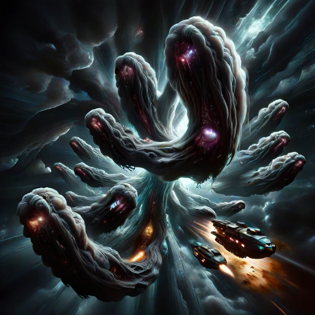 <lora:The_Threads_v2:1> thread_space, multiple echo wraiths attack a thin shaped spaceship,