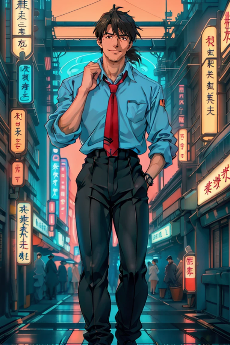 (1 image only),  solo male,  Ryoji Kaji,  Neon Genesis Evangelion,  Asian,  Japanese,  dark brown hair,  bangs,  short ponytail,  dark brown eyes,  (thin stubble),  pure blue collared shirt,  red sleeves rolled up,  necktie,  black pants,  smile,  (mature,  masculine),  handsome,  charming,  alluring,  perfect anatomy,  perfect proportions,  (best quality,  masterpiece),  ((perfect eyes,  perfect eye pupil)),  perfect hands,  high_resolution,  dutch angle,  standing,  (clapping hands) (simple blue ocean background,  simple blue sky,  sunny),  walking,  (black jacket over shoulder),  neon_nouveau,  Art Deco cyberpunk,  neon-lit cityscapes,  retro-futuristic fashion and architecture,  Futuristic Deco,  Neon Elegance,  Cyber-Vintage,  Techno-Glam,  Neon Revival,<lora:EMS-296078-EMS:0.700000>,<lora:EMS-27250-EMS:0.700000>