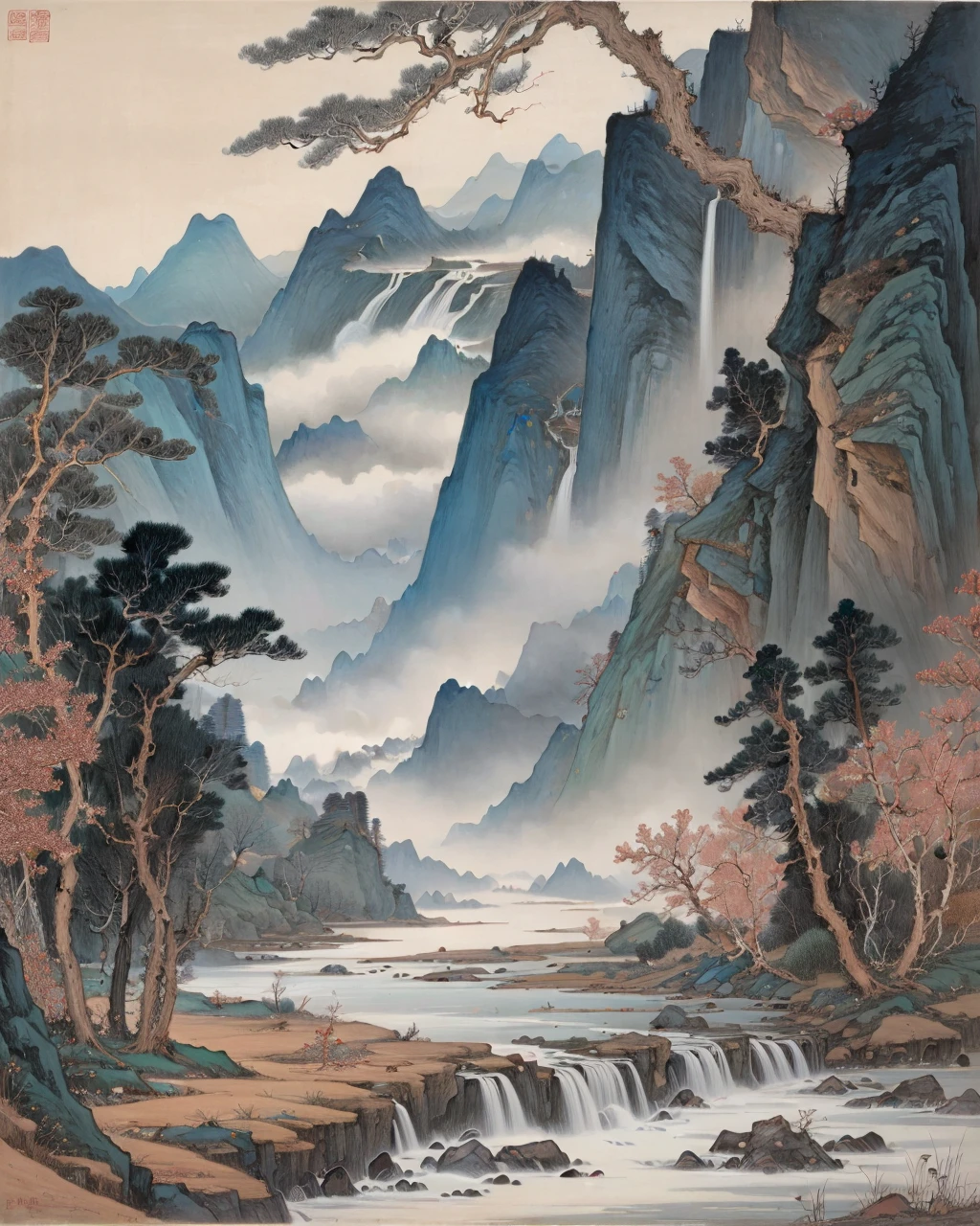 best quality,masterpiece,highly detailed,ultra-detailed,  <lora:Zhang Daqian:1> 
zhang daqian, no humans, scenery, traditional media, outdoors, nature, painting \(medium\) ,landscape,