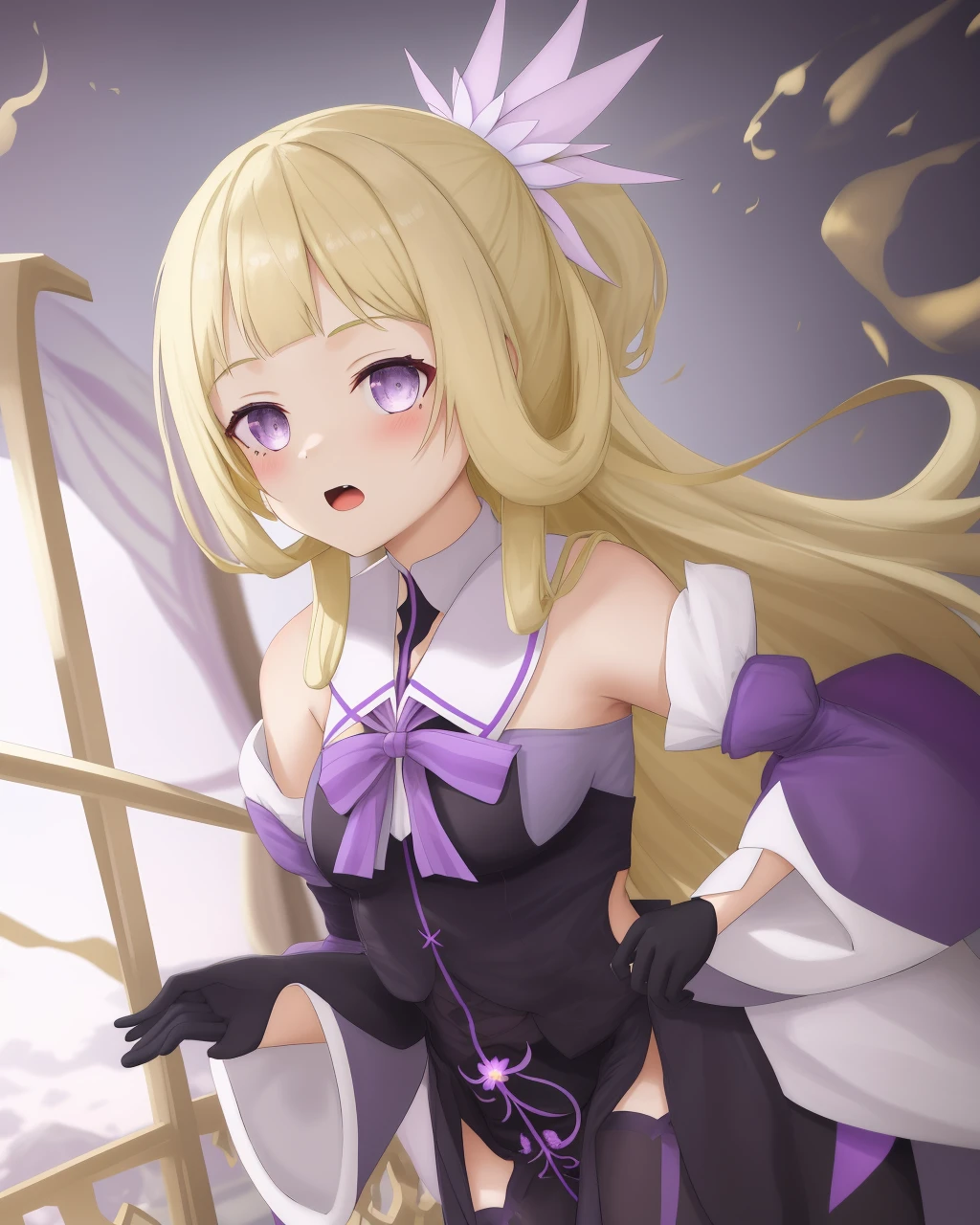 <lora:Nogi_Sonoko-10:1>,1girl,solo, gray eyes,long hair, blonde hair,purple dress,wide white sleeves,purple ribbon,purple stockings,hair ornament,bare shoulders,detached sleeves, black gloves, blunt bangs, magical girl,