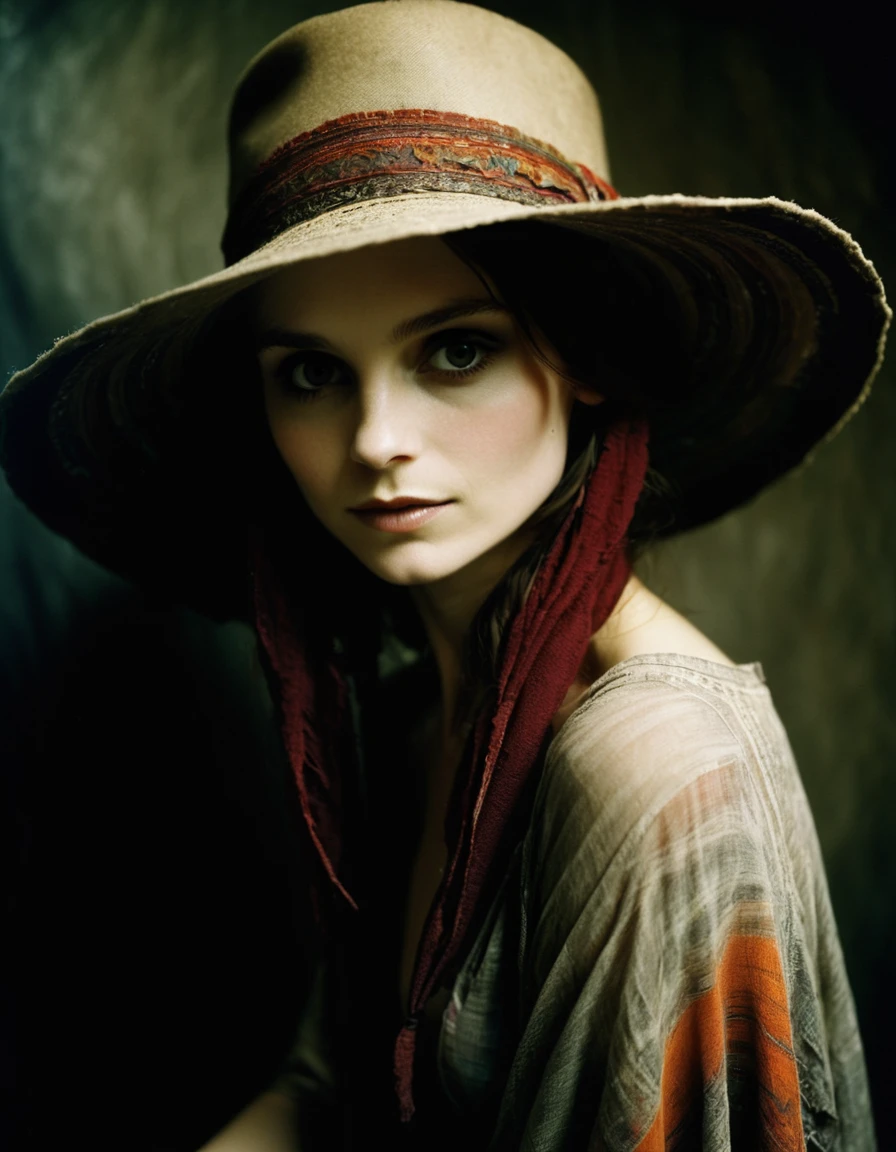 an underexposed photograph by dave mckean of a bohemian woman looking like jaynexl4 posing wearing a hat