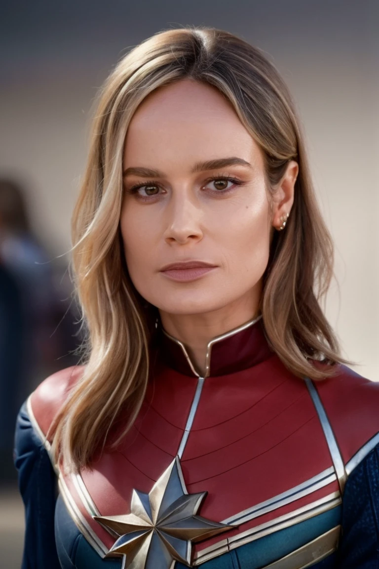 1girl, solo, portrait, marv3l, symmetrical_angle, blurry_background, bokeh, chromatic_aberration, depth_of_field, female focus, photorealistic, soft colors, masterpiece, high quality, (high detailed skin:1.1)  
 <lora:brie_larson_lora_v02:1> brie89