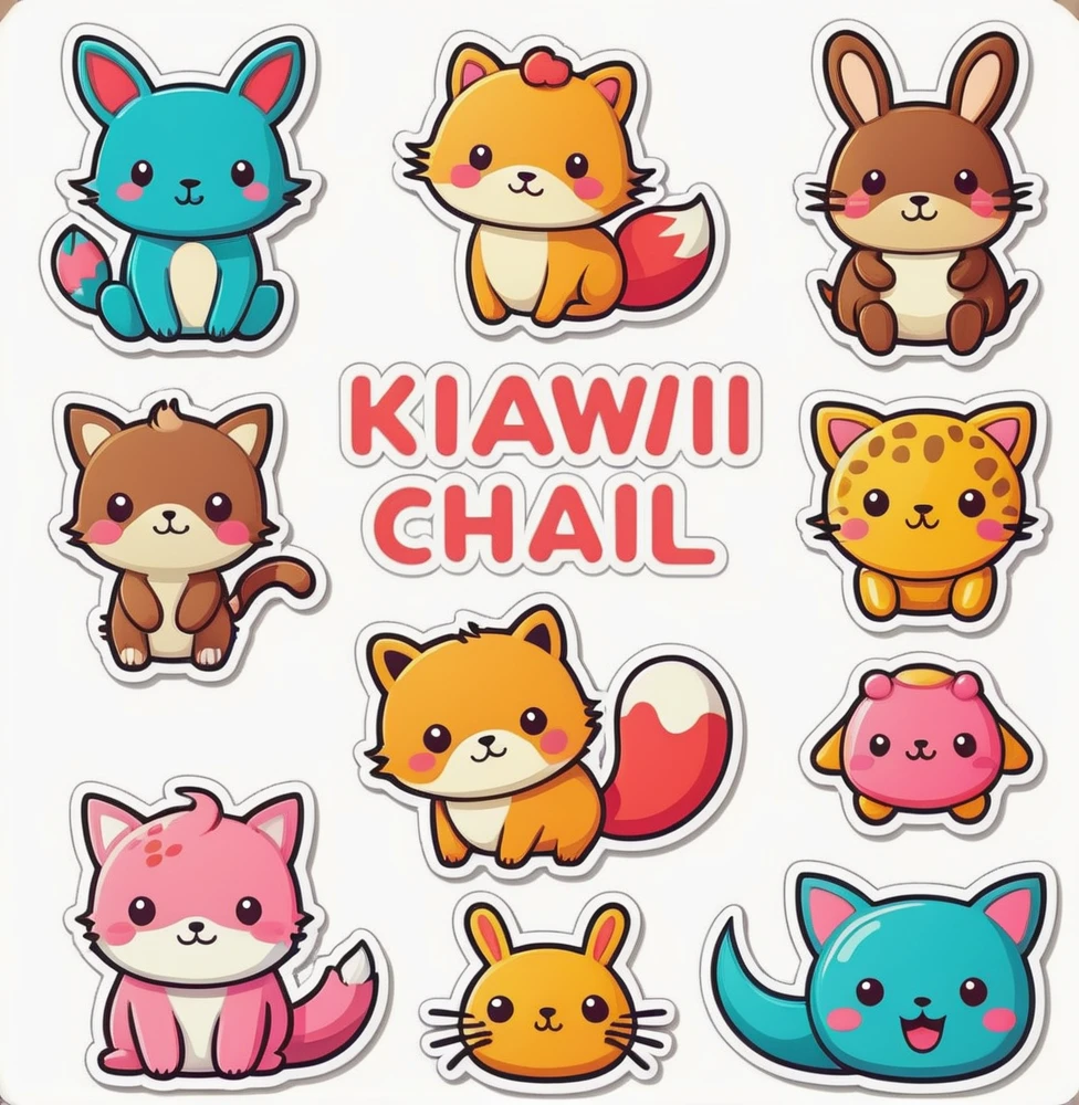 Design a collection of cute kawaii stickers with different fun motifs and figures. Cute cartoon animals kawaii funny splash retro vintage logo