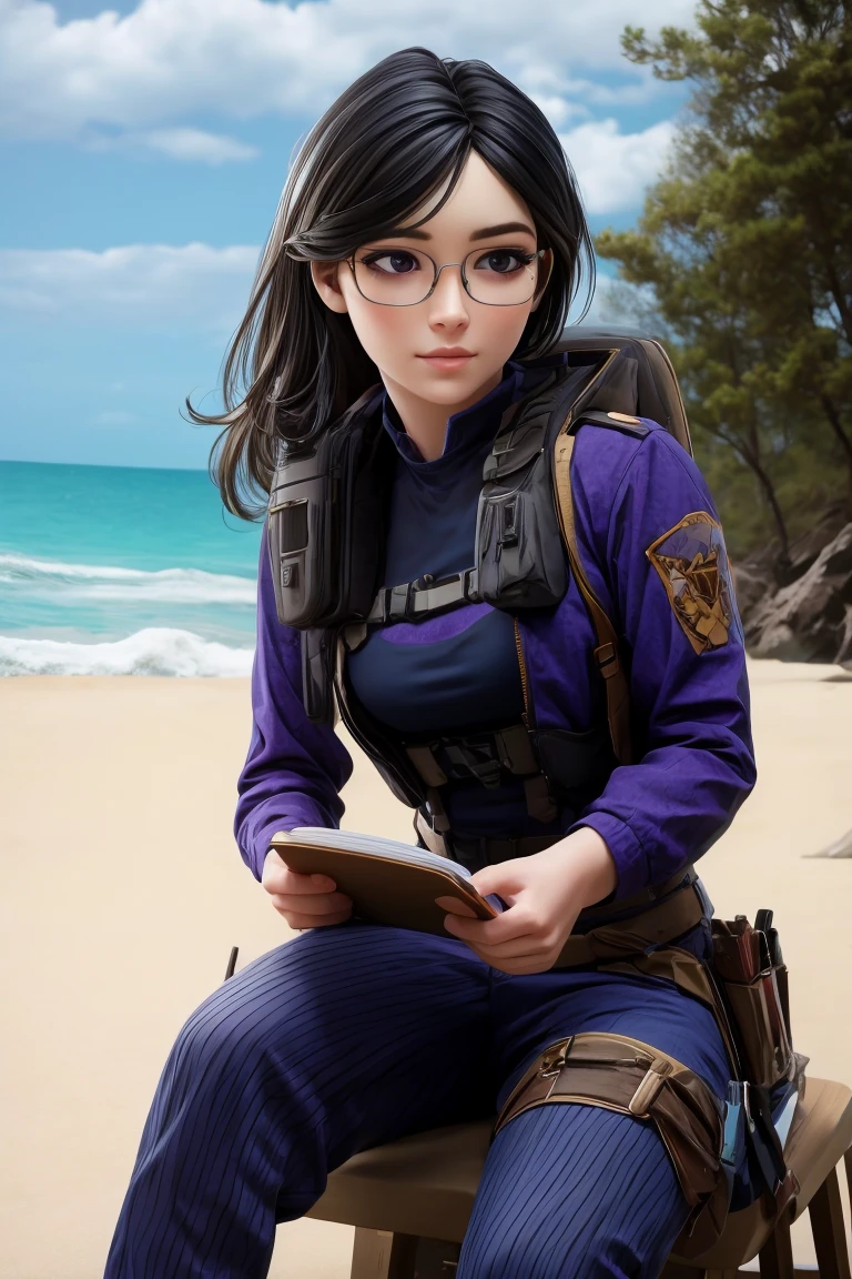realistic, masterpiece, profesional image trending on artstation of 1 gilr Aruni,<lora:Aruni_from_Rainbow_Six_Siege:0.66> 1girl, aruni , purple eyes, slender, small breasts, black hair, flower in hair, scar on face,military-style jacket, lace jabot, and steampunk-style glasses , Sitting on a chair with one hand on the knee and the other hand holding a book or a notebook. , (((on beach background,))) perfect quality, rim lights, detialed, focus on character , perfect body proportions, realistic skin details BREAK, ultrasharp, ultradetailed, perfect quality, masterpiece, intricated details, ultra clear, <lora:add_detail:0.7>, <hypernet:sxzBloom_sxzBloom:0.3>, detailed skin perfectly detailed face, sharp face,