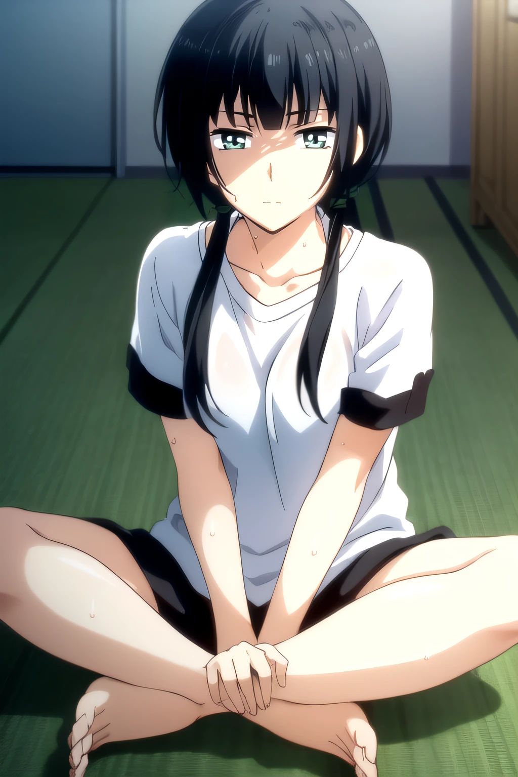 (masterpiece:1.2), best quality, high resolution, unity 8k wallpaper, (illustration), extremely detailed face, perfect lighting, extremely detailed CG, 1girl, solo,  <lora:Hishiro_Chizuru:0.9>, hishiro, white shirt, short sleeves, t-shirt, buruma, blue buruma, sitting on bed, indoor, looking at viewer, collarbone, (barefeet:1.2), full body, no shoes, feet, frontal view, [detailed hands, perfect hands, detailed fingers, perfect fingers, perfect feet, detailed feet, five toes:1.2], closed mouth, sitting on floor, wooden floor, indian style:1.2, <lora:more_details:0.2>, sweaty body, sweat