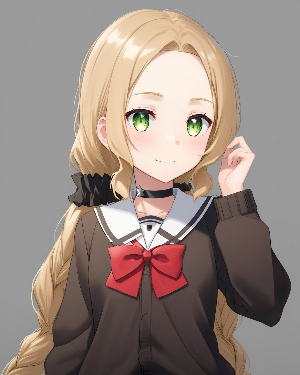 <lora:Inubouzaki_Fuu-10:0.8>,1girl, solo, long hair, blonde hair, twintails,light green eyes,twin braids,school uniform, red bow, black choker,cardigan, red bowtie,hair black scrunchie,