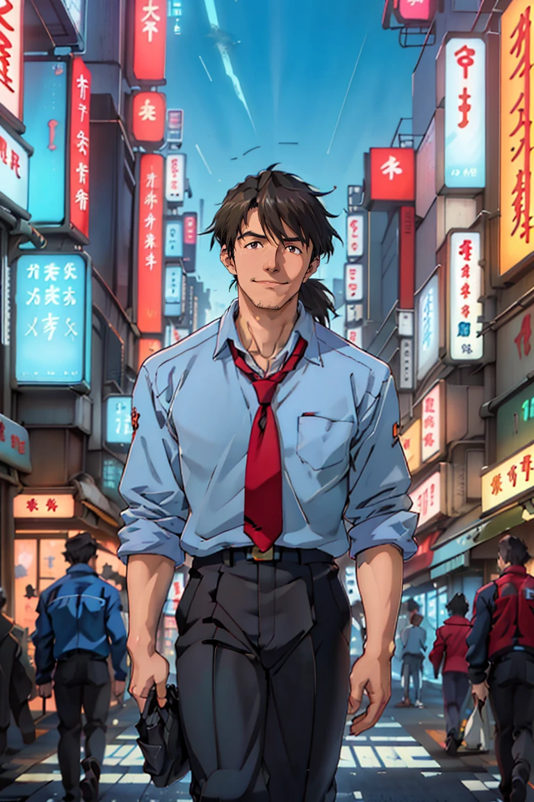 (1 image only),  solo male,  Ryoji Kaji,  Neon Genesis Evangelion style,  Asian,  Japanese,  dark brown hair,  bangs,  short ponytail,  dark brown eyes,  (thin stubble),  pure blue collared shirt,  red sleeves rolled up,  necktie,  black pants,  smile,  (mature,  masculine),  handsome,  charming,  alluring,  perfect anatomy,  perfect proportions,  (best quality,  masterpiece),  ((perfect eyes,  perfect eye pupil)),  perfect hands,  high_resolution,  dutch angle,  standing,  (simple blue ocean background,  simple blue sky,  sunny),  walking,  (black jacket over shoulder),  Tokyo-3,  cyberpunk,  neon-lit cityscapes,  futuristic,<lora:EMS-296078-EMS:0.700000>,<lora:EMS-262856-EMS:0.700000>