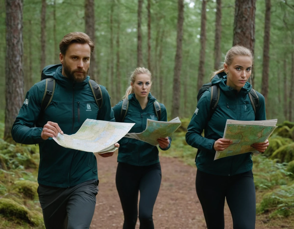 men and women holding orienteering maps in their hands and running in the forest, sweden, competition, orienteering race