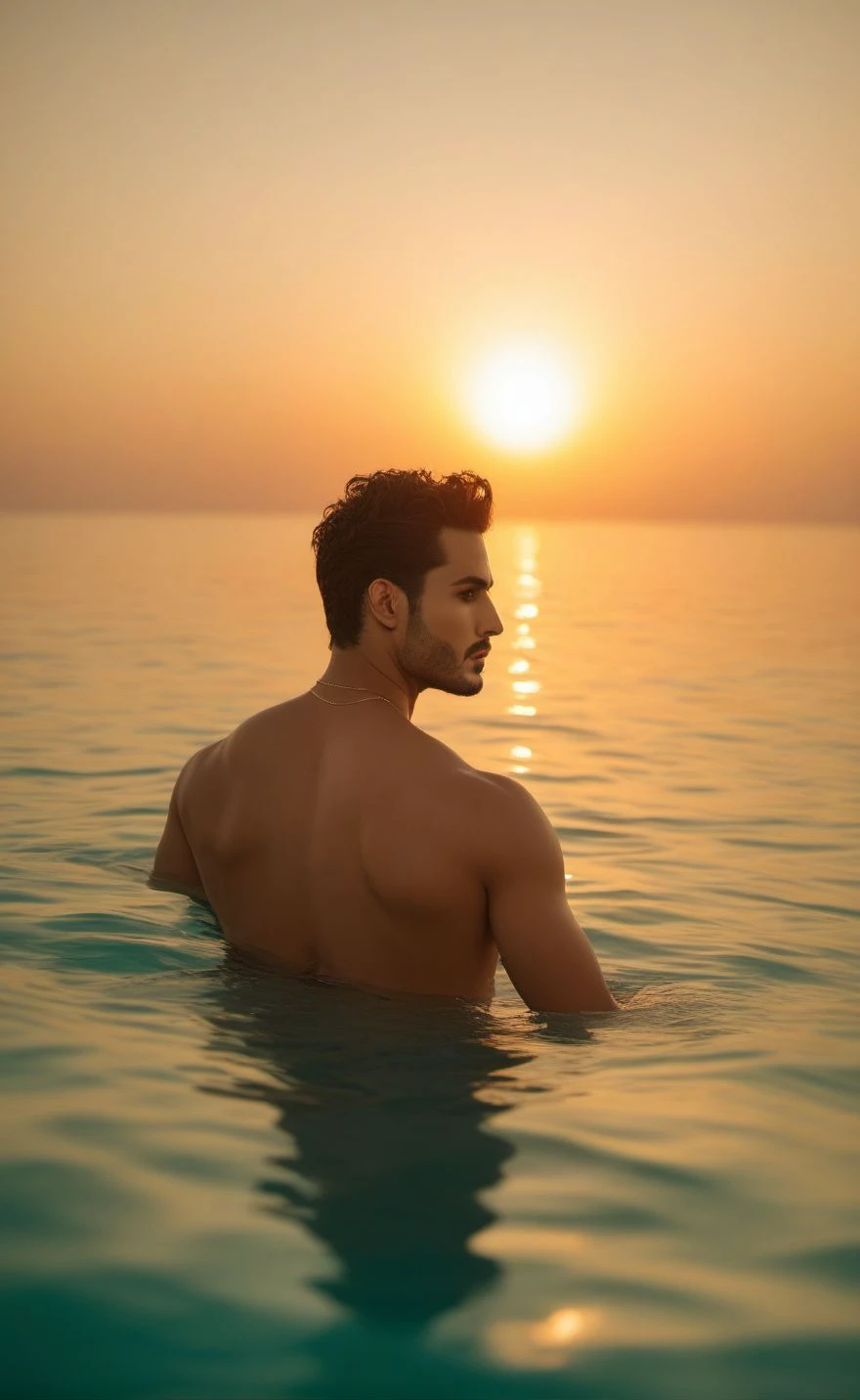 Michael Malarkey a man <lora:Umar-Riaz_Michael-Malarkey:0.75>, in an infinity swimming pool looking at sunset over the ocean, legs,(full shot), solo, ((masterpiece)), ((best quality:1.2)), high resolution, 8k, (ultra_realistic:1.3), (photorealistic:1.4), (absurdres), sharp focus, highly detailed, professional lighting, photography, hdr, depth of field, film grain, 35mm, dslr shot, global illumination, clear face, detailed face,