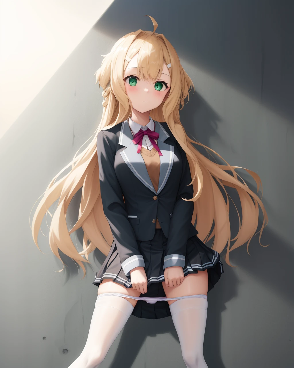 <lora:Iyojima_Anzu-10:0.8>,1girl,solo,long hair,blonde hair,green eyes,ahoge,white hairpin,hair intakes,bow,school uniform, jacket,black pleated skirt, white panty hose, shirt, black blazer, neck ribbon,