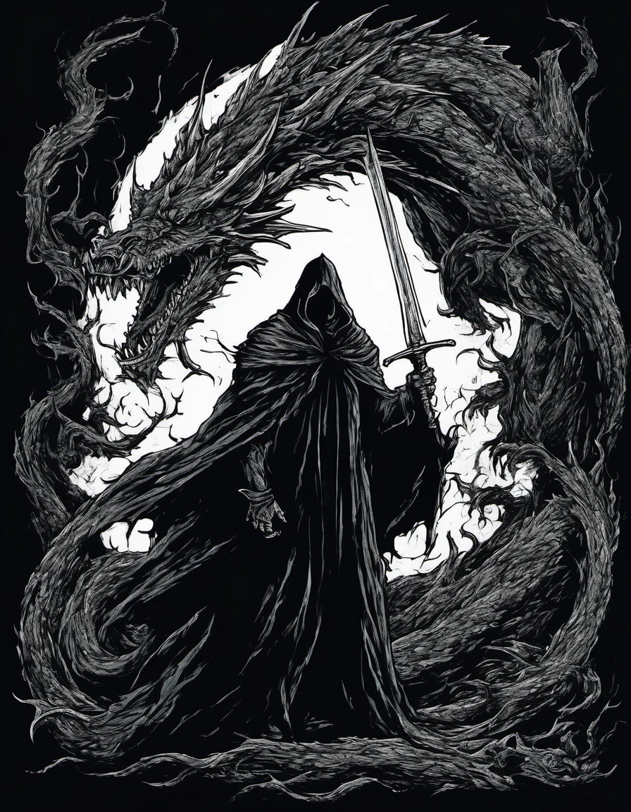 metal_tee, a man in a black cloak holding a sword, standing in front of a large dragon. The dragon is depicted as a large, menacing beast, with its mouth open and a long tongue protruding. The scene is set in a dark, mysterious environment, vector digital illustration, (black background:1.5) <lora:metal_tee_sdxl:1>