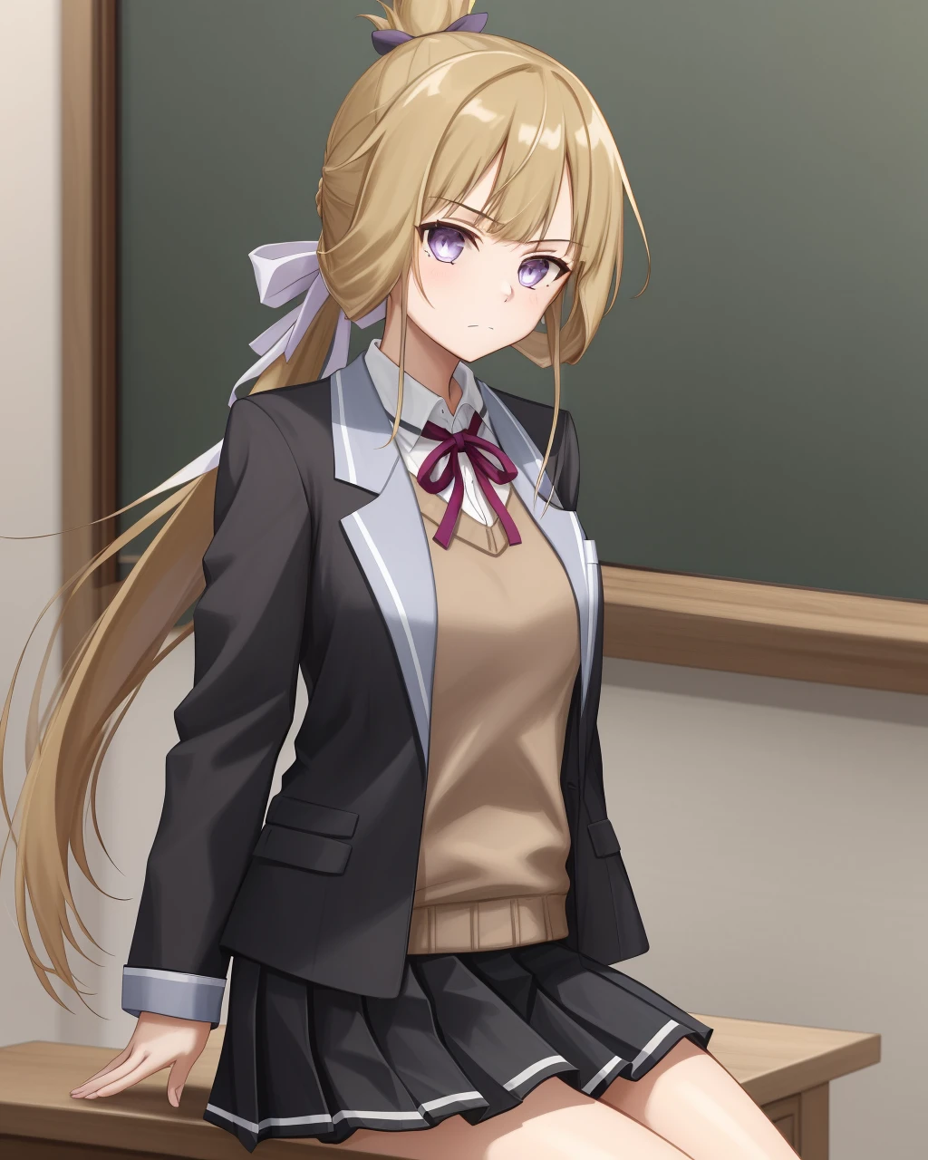<lora:Nogi_Wakaba-10:0.8>,1girl, solo, long hair, skirt, blonde hair,purple eyes, ponytail, ribbon,school uniform,white shirt, collared shirt, black skirt, red ribbon, black jacket, neck ribbon, blazer,brown sweater,