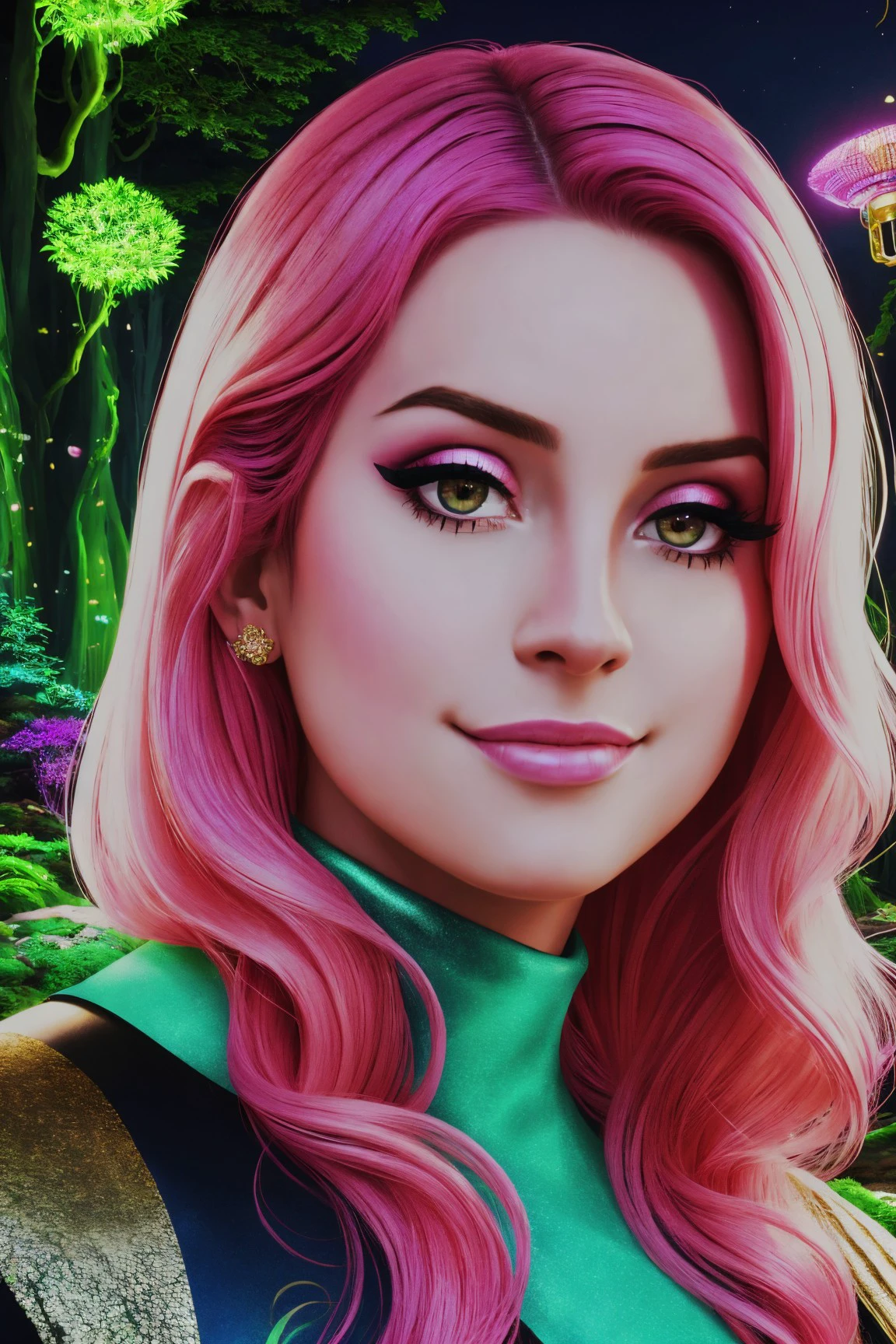 amelie reyhart mid shot close up, pink hair, young, makeup, naughty smile,
beautiful face, masterpiece, highres, realistic,
tangzhuang,
Enchanted forest and bioluminescent flora,
<lora:amelie_reyhart:0.9>