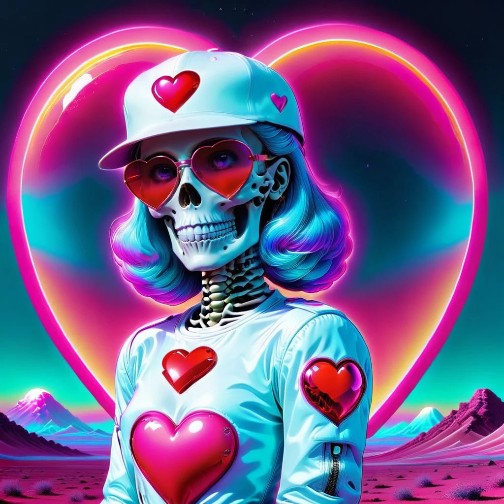 <lora:NeonHeartv4:0.8> Neon Heart, <lora:SkeletoNaut-000009:1> SkeletoNaut Vaporwave Fitted Cap, Tons of Jewelry Astral Aura, bling
