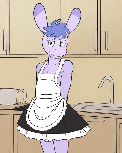 ultra high quality, hi res, beautiful shading, Blue's Clues, Blue, dog, eyes half open, staring at viewer seductively, standing in kitchen, wearing only a apron, hands on hips, genitalia bulge, by ((ASaneMan)),((femboy))