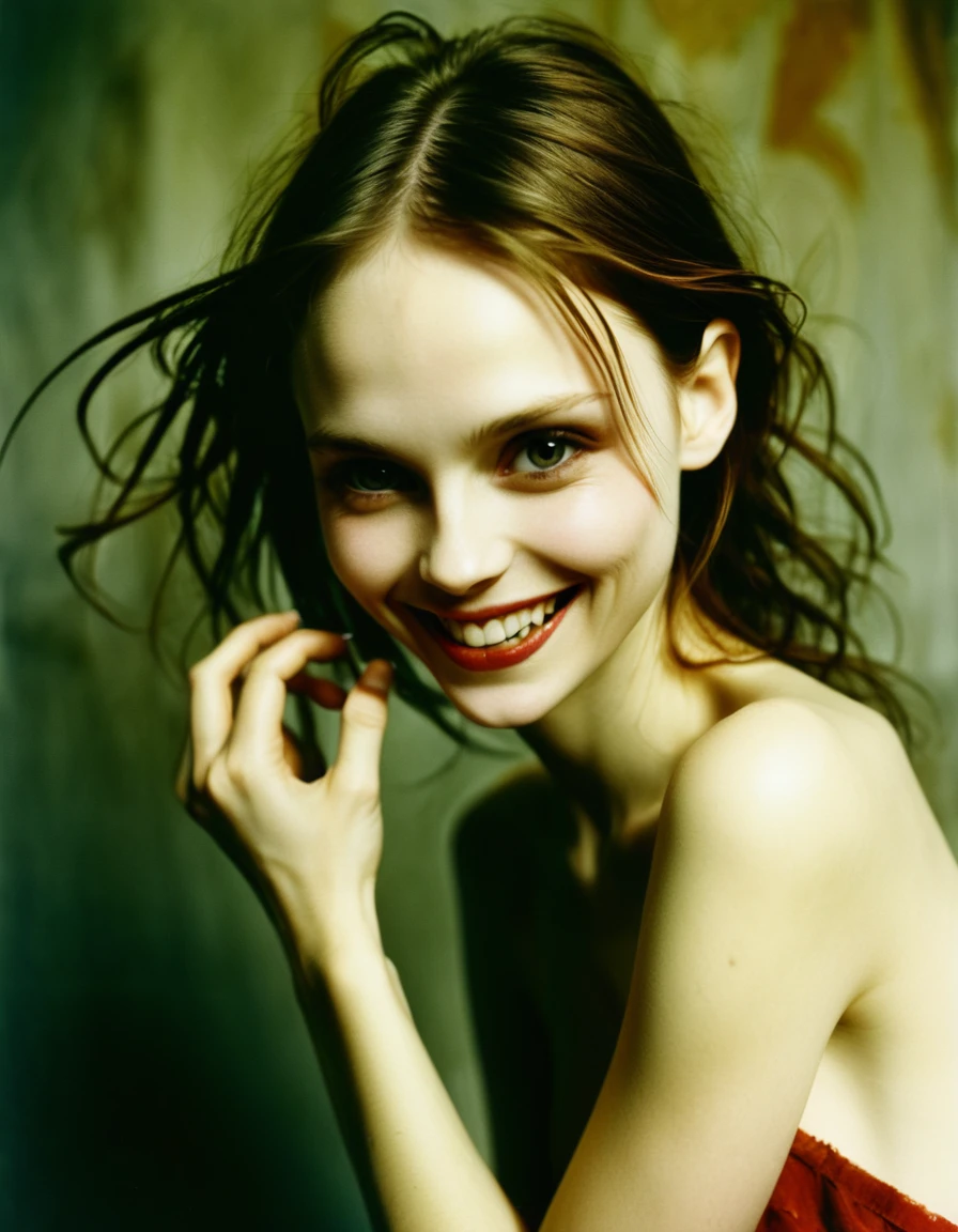 a radiant film still by dave mckean of a fashion model looking like jaynexl4 with a disrespectful smile