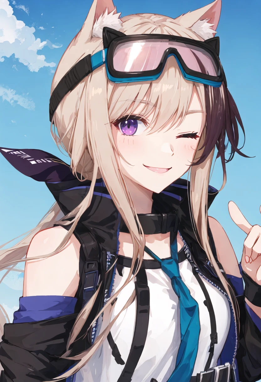 best quality, masterpiece, highres, solo, {cardigan_arknights:0.90}, smile, happy, one_eye_closed, portrait, looking at viewer