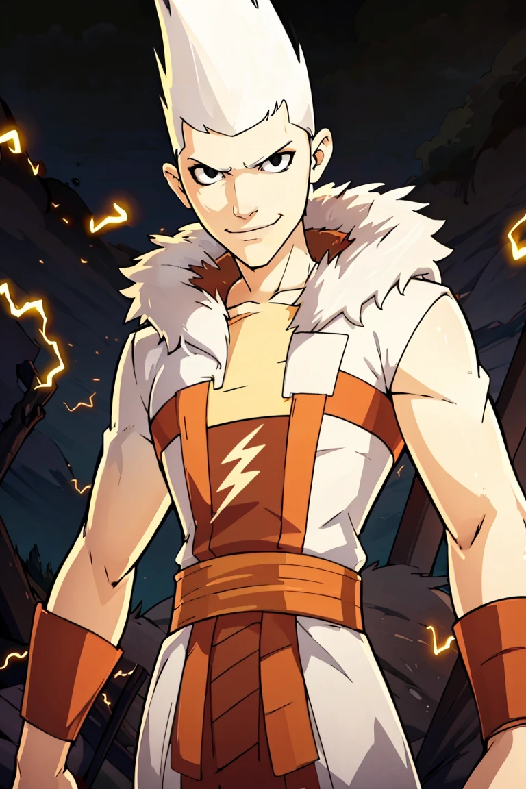 ((masterpiece,best quality)), absurdres, <lora:Lightning:0.8>, Lightning, 1boy, solo, male focus, pale skin, black eyes, spiked hair, white hair, electricity, solo, smiling, looking at viewer, cowboy shot, (fur coat:1.5), cowboy shot,