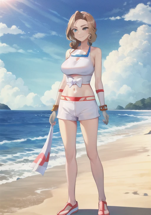 <lora:Palina:0.8>, palina, 1girl, breasts, smile, brown hair, gloves, long sleeves, jewelry, closed mouth, standing, full body, shoes, shorts, twitter username, bracelet, eyelashes,outdoors, sky, day, cloud, hand up, water,ocean, beach, blue bikini, innertube, sand, yokozuwari, beach towel, cowlick