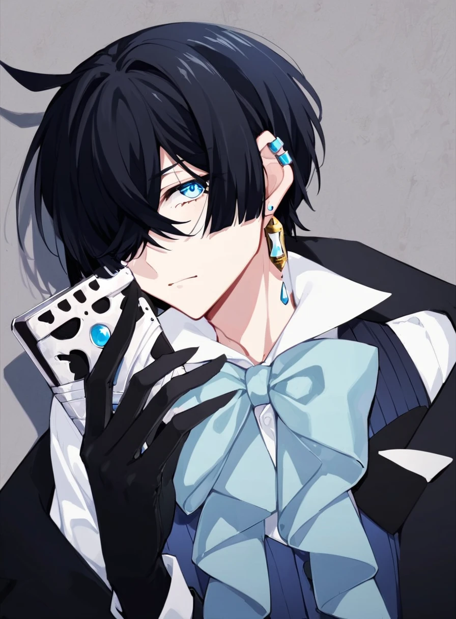 eyes visible through hair / bangs,(hair over one eyes),Long Black Hair、blue eyes,(Butler Girl),Handjob