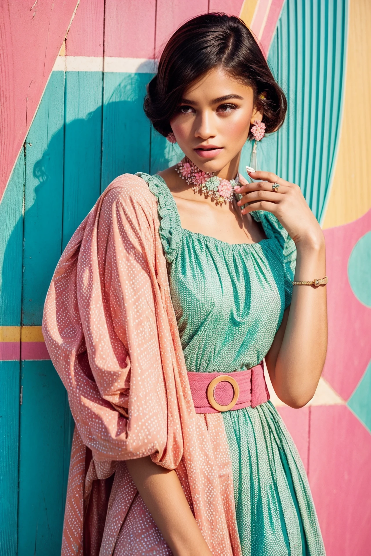 Retro chic fashion, anaglyphic, beautiful lady, retro patterns, old-fashioned and vintage aesthetic, textured, turquoise, pink, mint green, orange, pale yellow  <lora:Zendaya_v2_640x960:0.85>